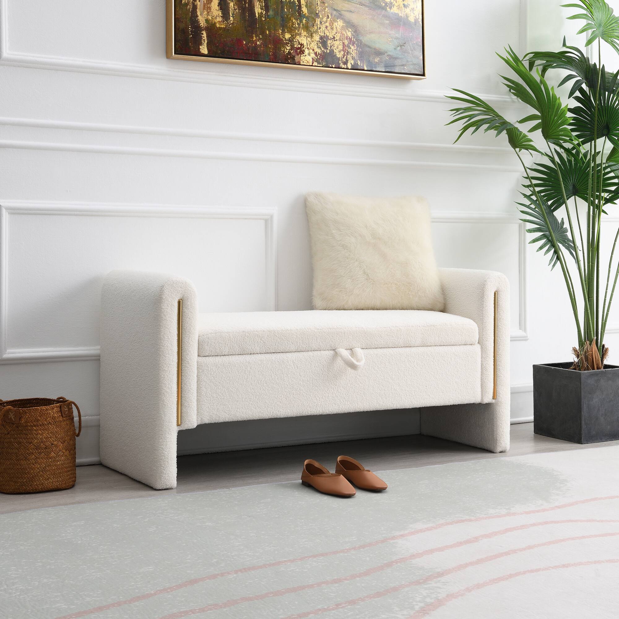 Angle. GOODSILO - Modern Upholstered Storage Bench with Arms, Large Foot Rest Stool for Living Room and Bedroom - Cream.