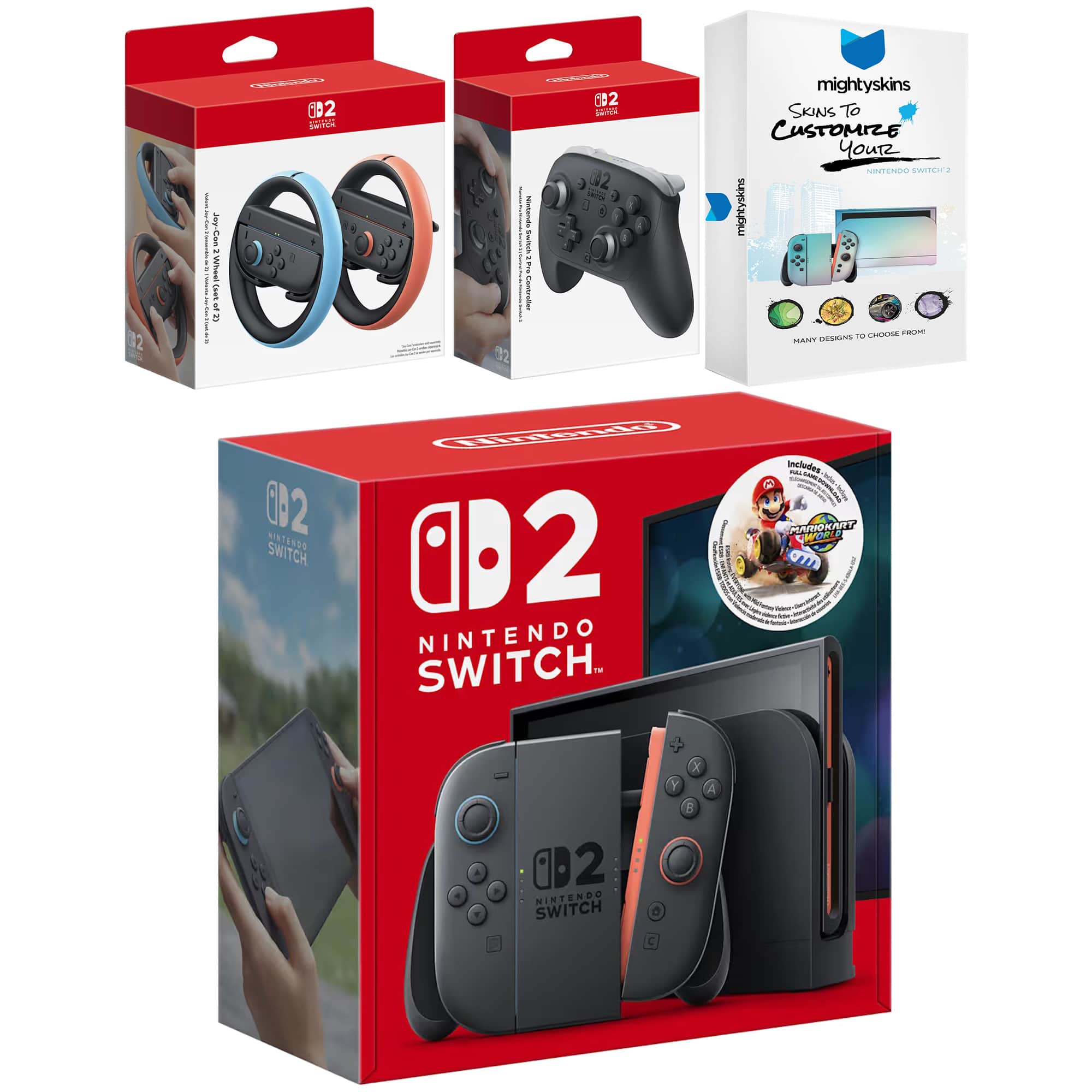 Switch 2 Mario Kart World Bundle with Pro Controller, Joy Con Wheel and MightySkins Code - Nintendo Switch 2
