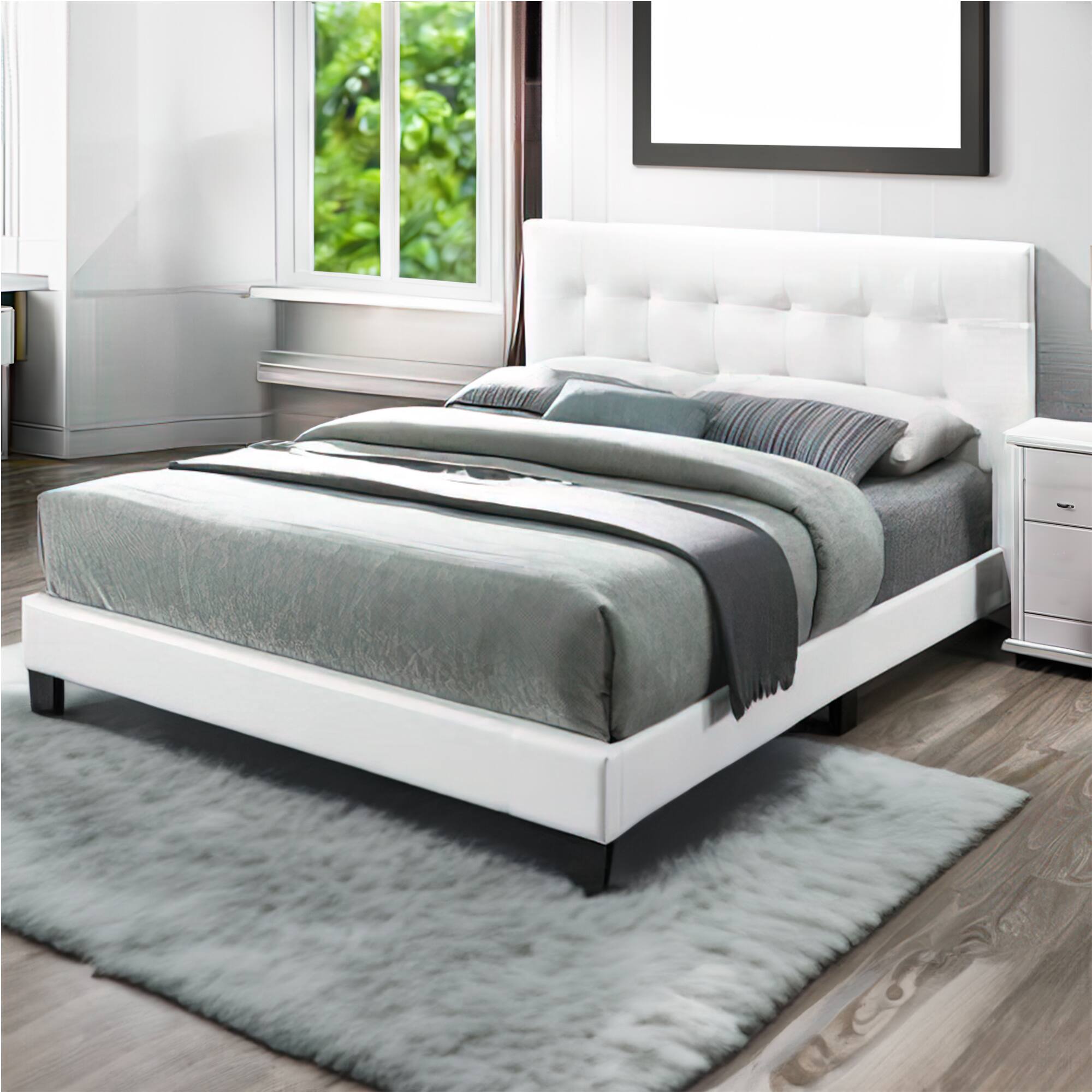 Alt View 5. Manhattan Lane - Twin Leatherette Bed with Checkered Tufted Headboard - White.