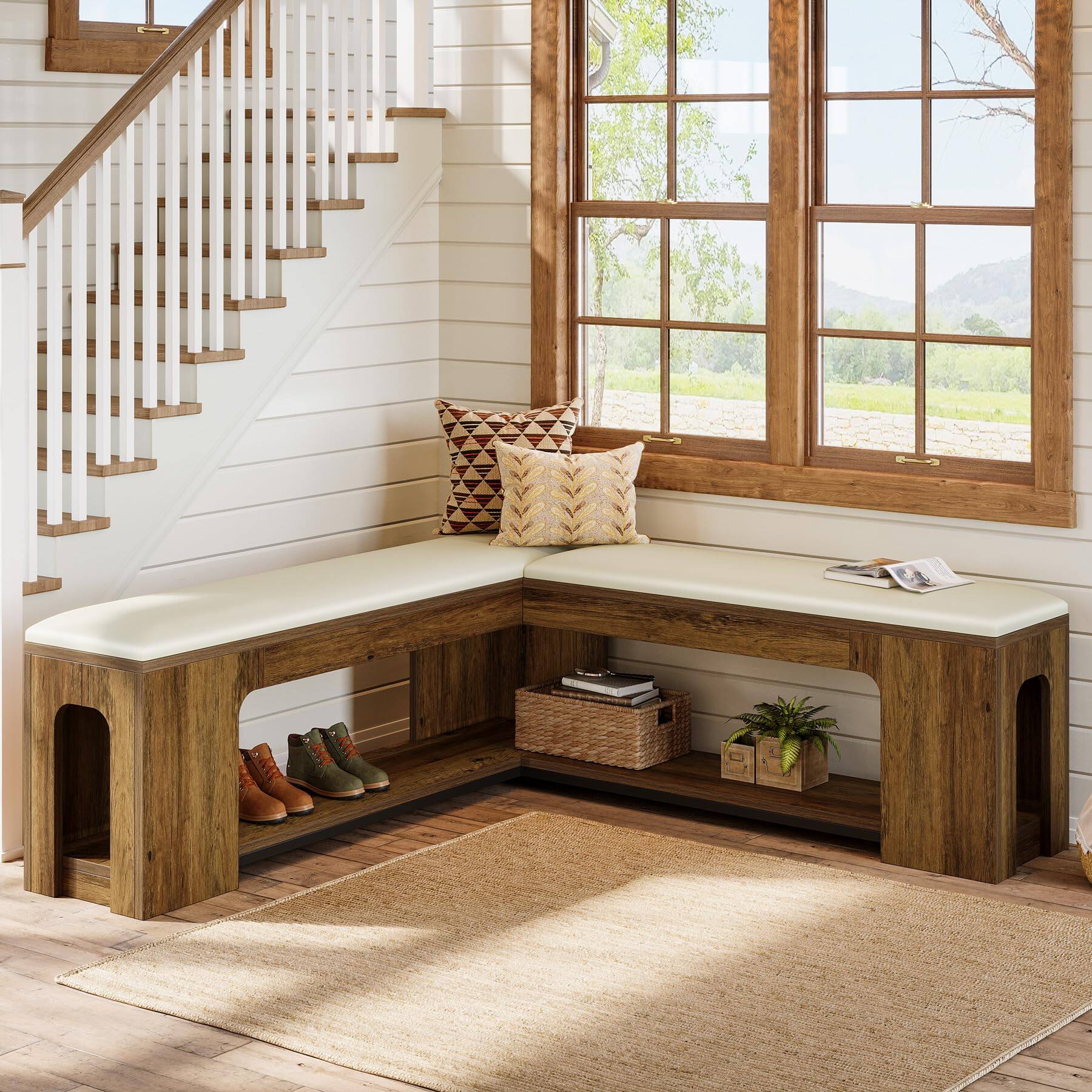 Alt View 3. Tribesigns - L Shaped Corner Bench with Removable Seat Cushion, 47.24" Farmhouse Breakfast Nook Bench, Corner Bench for Kitchen, Dini - Rustic Brown.