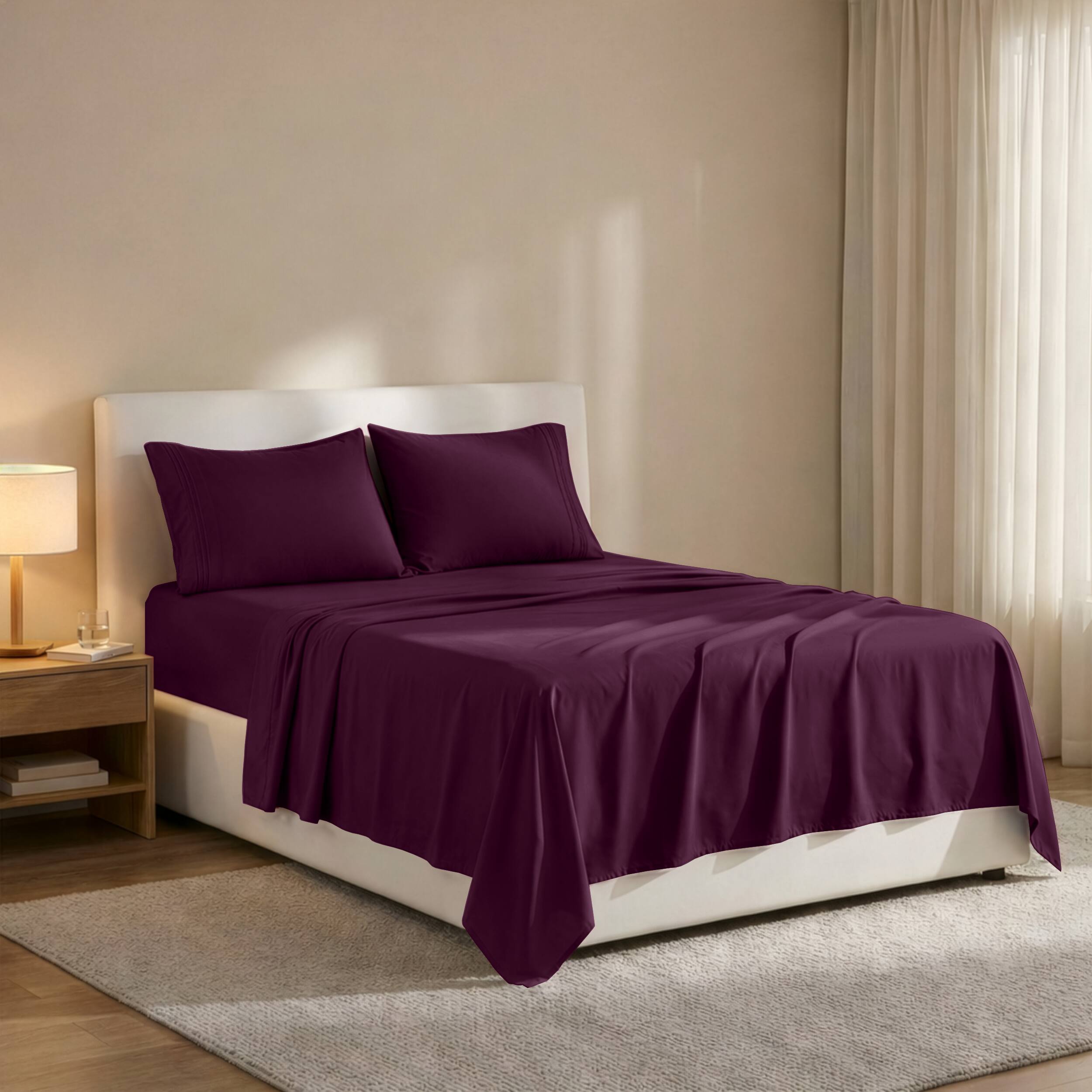 Angle. Lux Decor Collection - 4-Piece Queen Bed Sheet Set, Ultra Soft Microfiber, Deep Pocket, Wrinkle-Resistant, Hypoallergenic, All-Season Comfort - Plum.