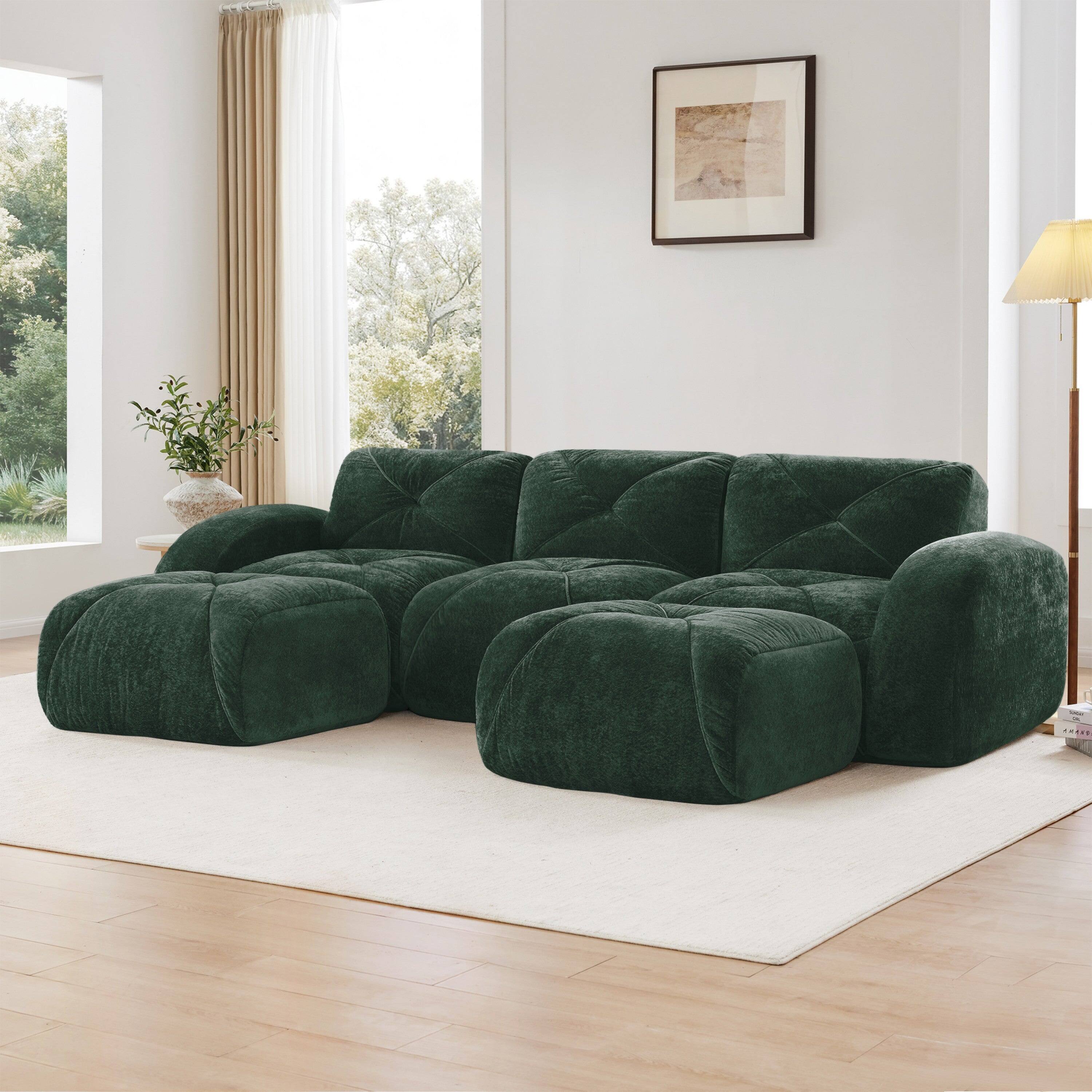 Alt View 3. Boyel Living - U Shaped Velvet Tufted Sofa Movable Ottomans 32D High Density Sponge Anti Slip Free Combo Study Theater Green - Green.