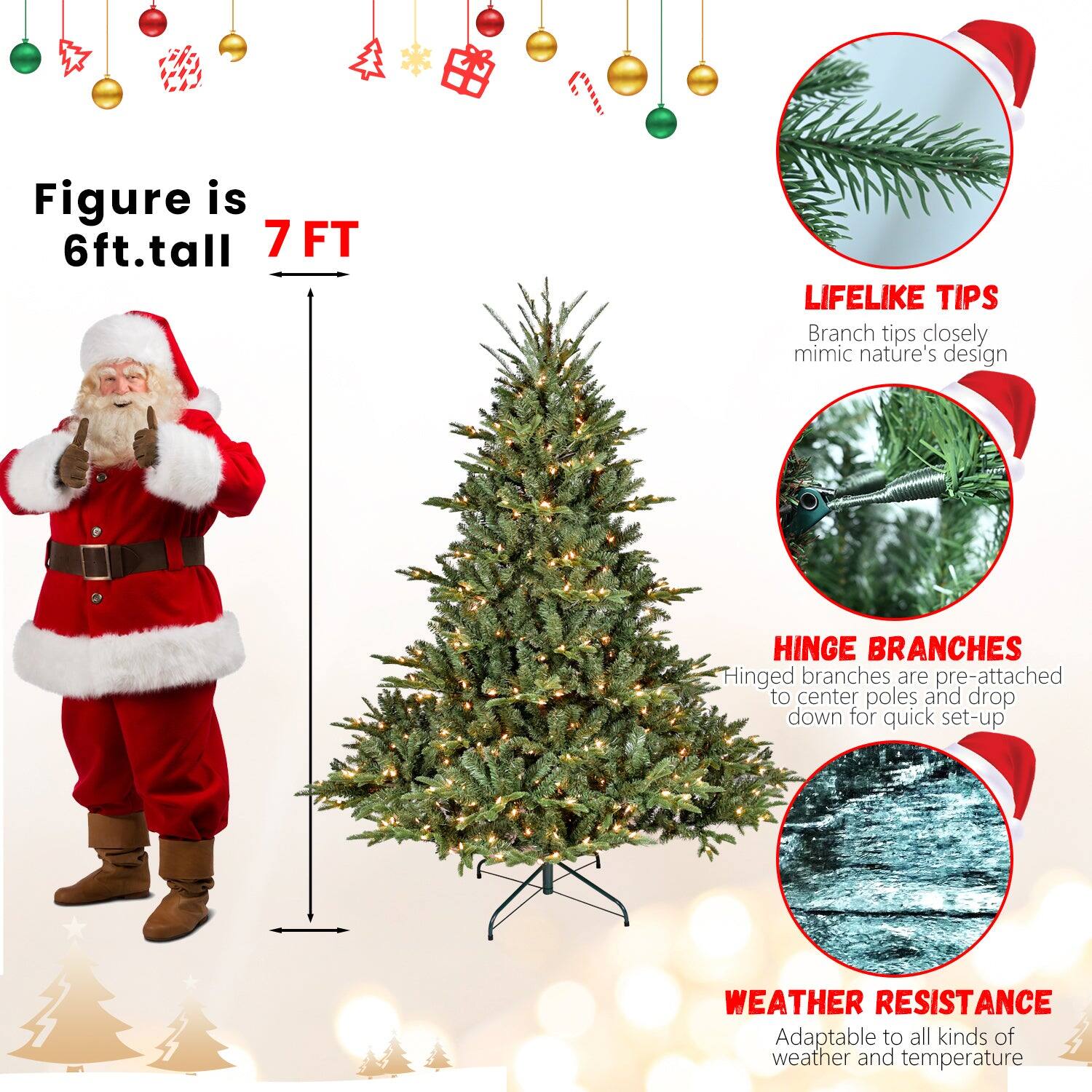 - Figure is 6ft. tall
- 7 FT
- LIFELIKE TIPS: Branch tips closely mimic nature's design
- HINGE BRANCHES: Hinged branches are pre-attached to center poles and drop down for quick set-up
- WEATHER RESISTANCE: Adaptable to all kinds of weather and temperature