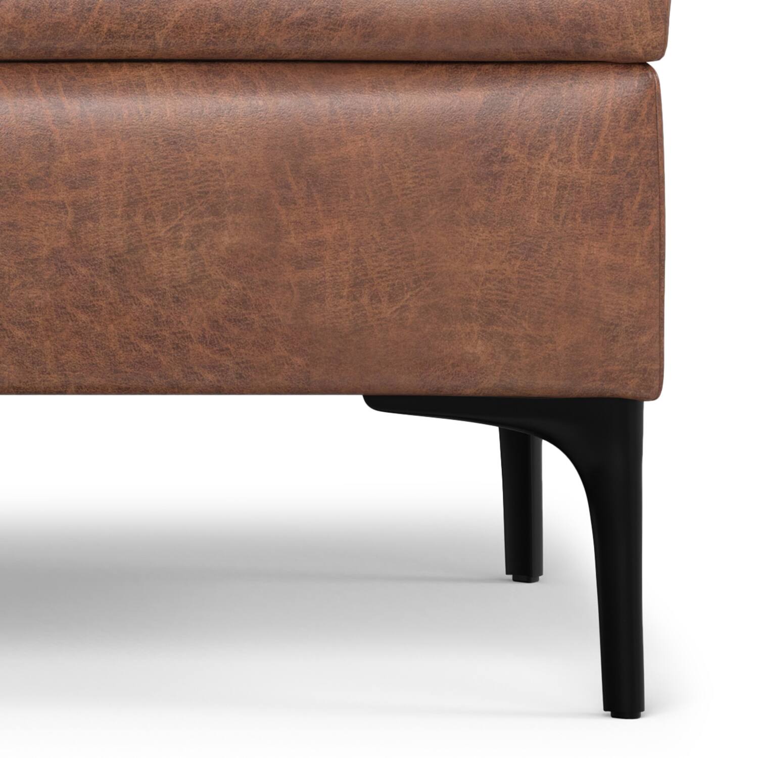 Alt View 4. Simpli Home - Rebecca 48 inch Mid Century Modern Storage Ottoman with Lift up Lid in Distressed Saddle Brown Faux Leather, Assembled - Distressed Saddle Brown.