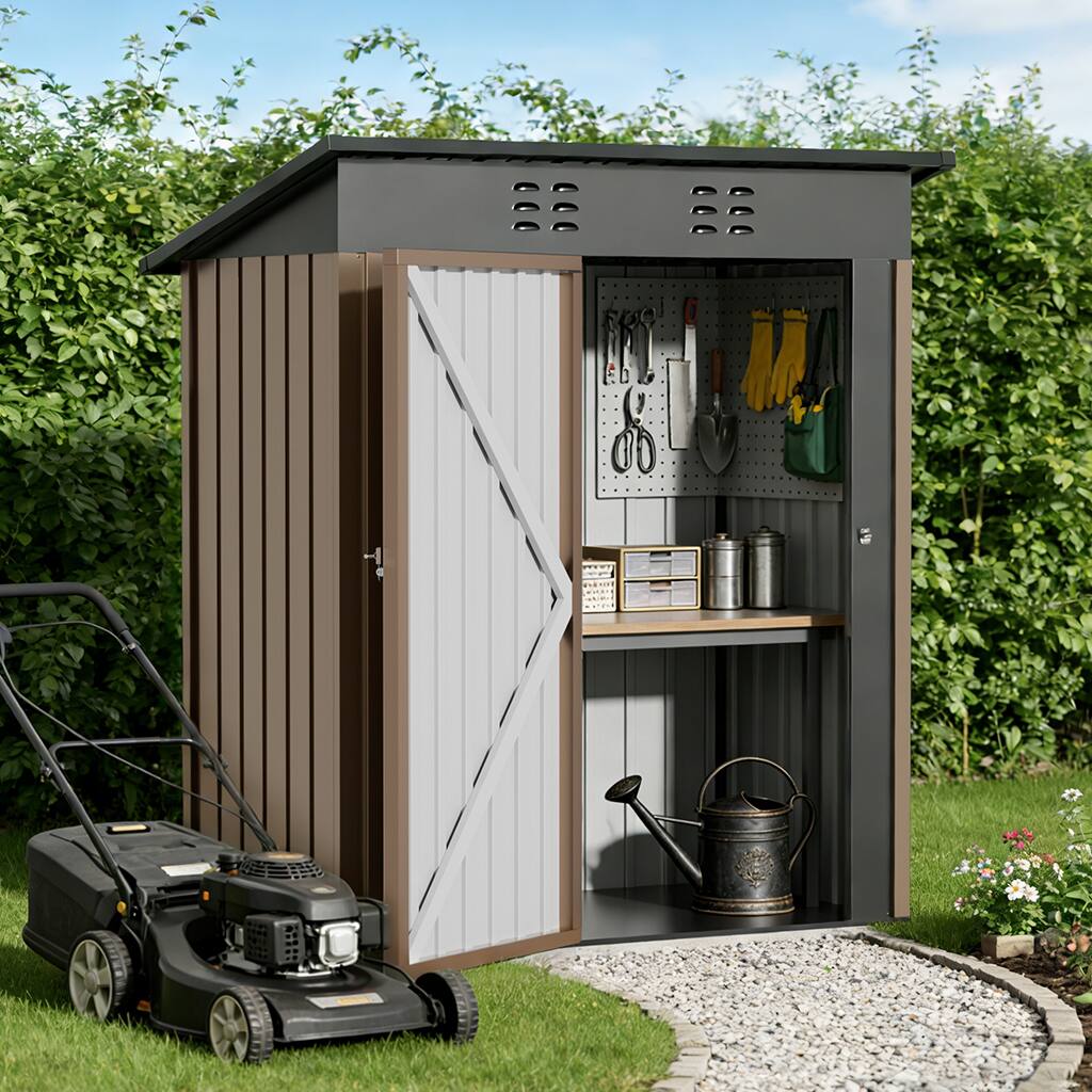 Angle. CloudRest Pro - 5 x 3 FT Outdoor Storage Shed Lockable Doors Tool Sheds with Sloping Roof Steel Garden Shed - Brown.