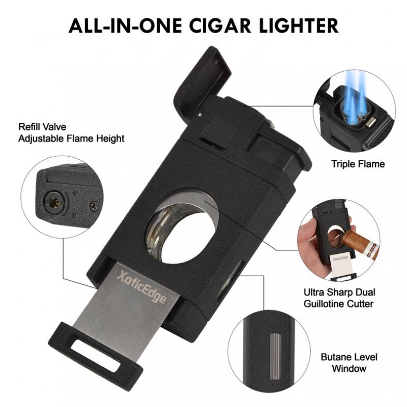 ALL-IN-ONE CIGAR LIGHTER

- Refill Valve
- Adjustable Flame Height
- Triple Flame
- Ultra Sharp Dual Guillotine Cutter
- Butane Level Window