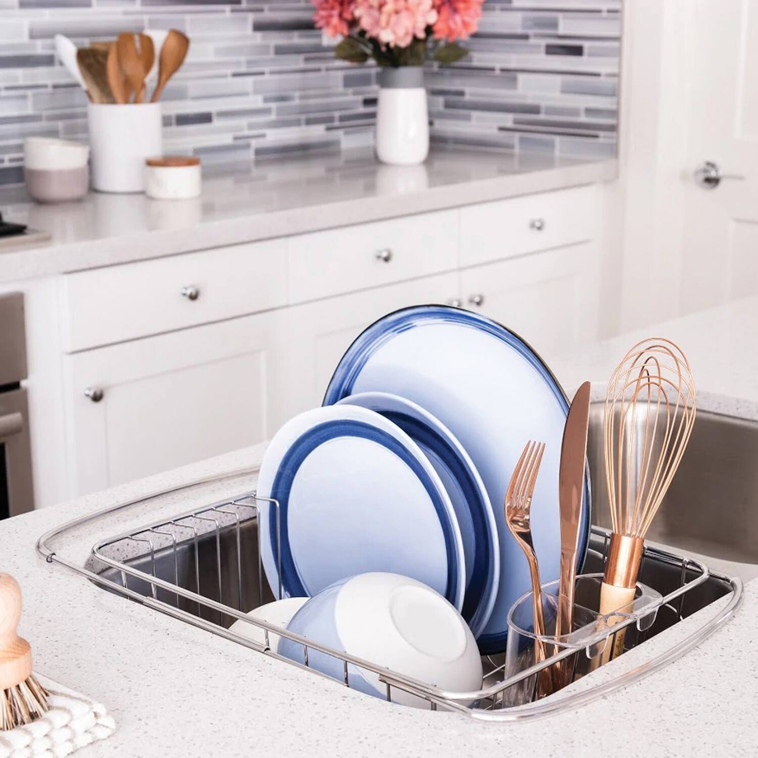 Left. Better Houseware - Adjustable Over-the-Sink Stainless Steel Dish Drainer - Stainless Steel.