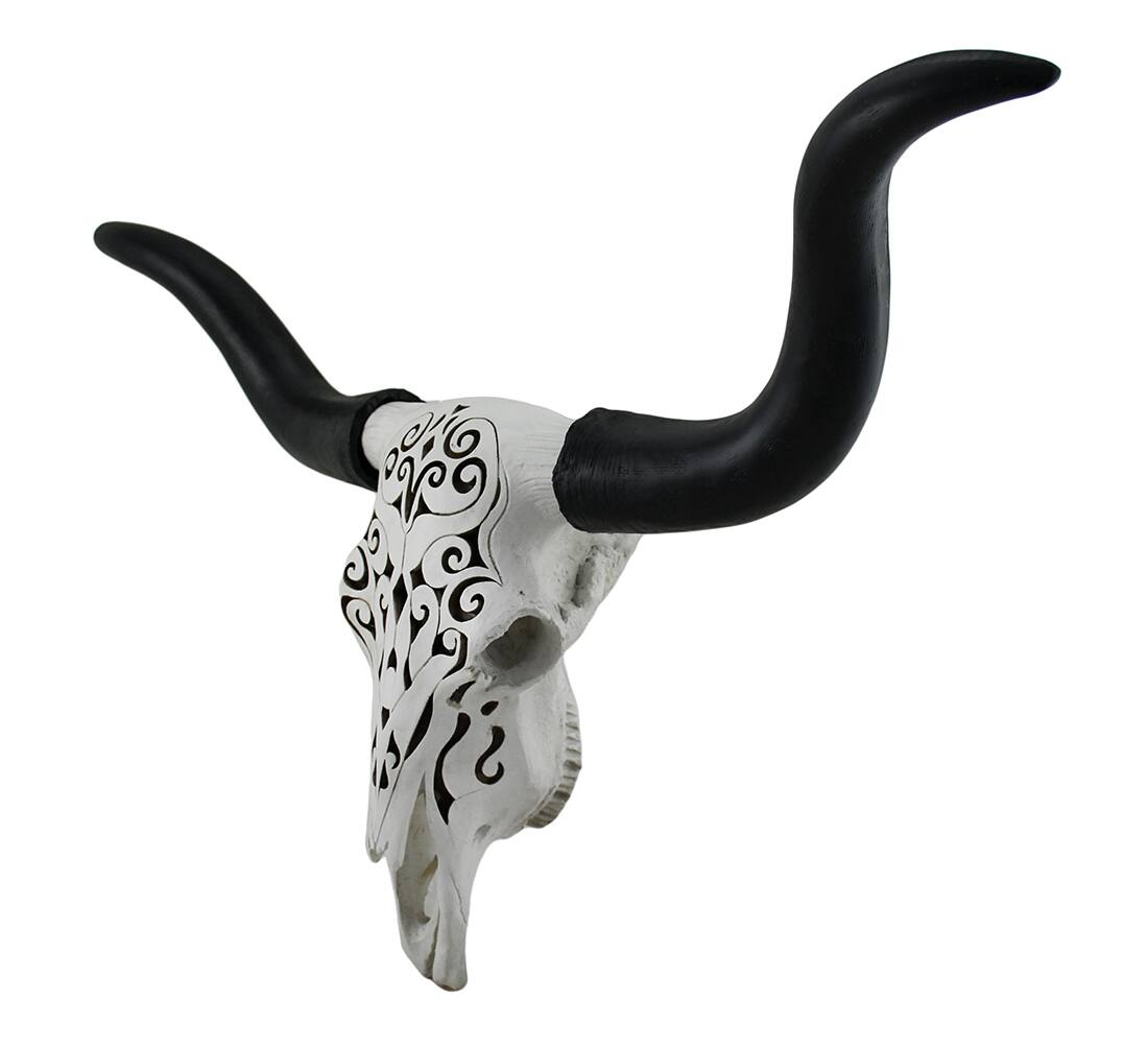 Alt View 1. Zeckos - Longhorn and Lace Black & White Filigree Design Hanging Steer Skull Statue - White.