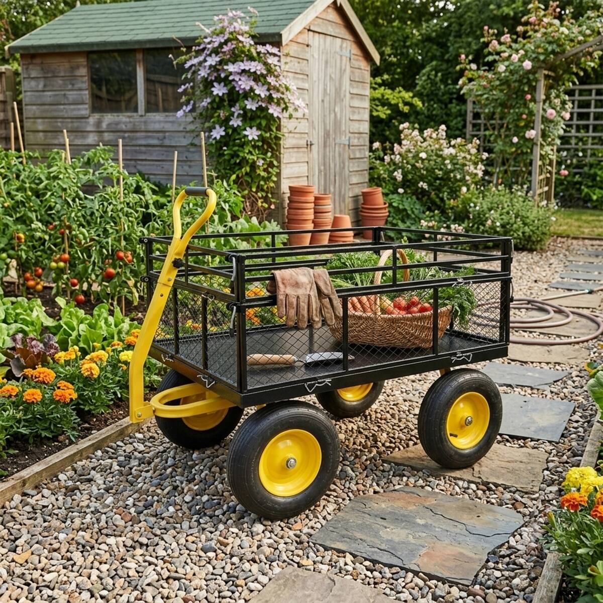 Angle. Loheer - Loheer Heavy Duty Steel Garden Cart, 1400 lb Capacity, Convertible Flatbed Wagon with Removable Mesh Sides.