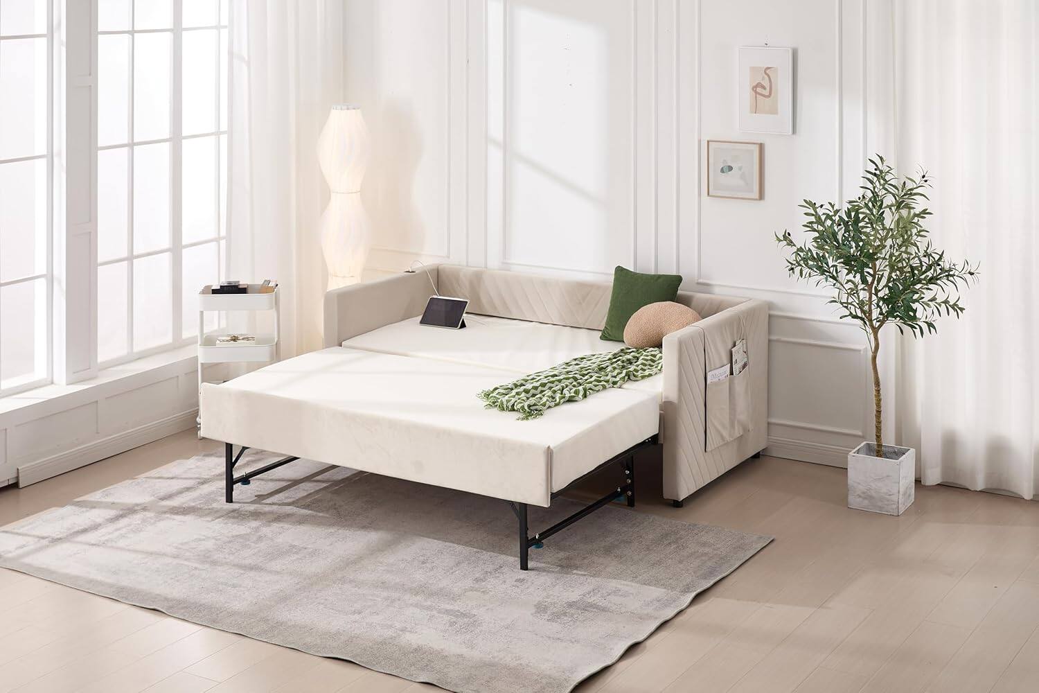 Alt View 2. Trinkets Crazed - Twin Daybed with Pop Up Trundle, Velvet Upholstered Extendable Daybed with USB Ports & Pockets - beige.