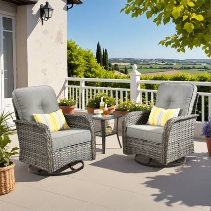 Front. Ovios - 3 PCS Outdoor Patio Furniture Set Swivel Rocking Chairs Wicker Glider Chairs with Side Table for Garden - Black.
