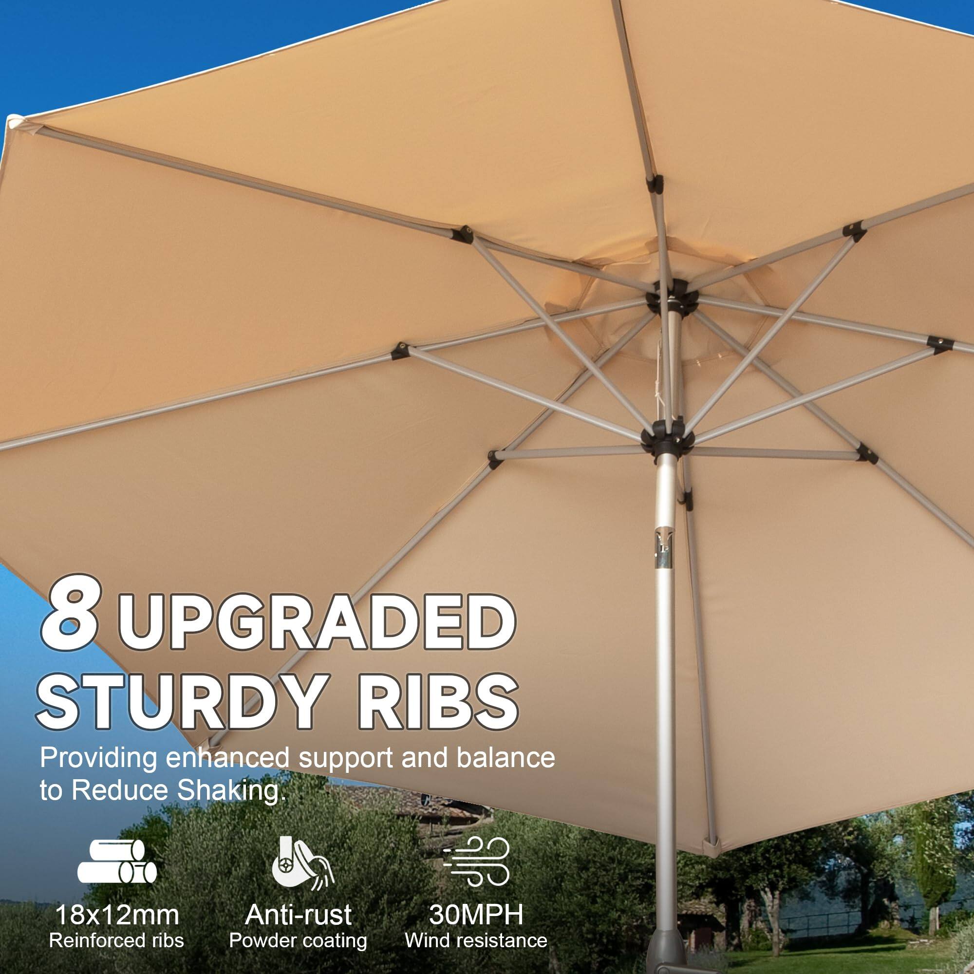 8 UPGRADED STURDY RIBS  
Providing enhanced support and balance to Reduce Shaking  

18x12mm Reinforced ribs  
Anti-rust Powder coating  
30MPH Wind resistance