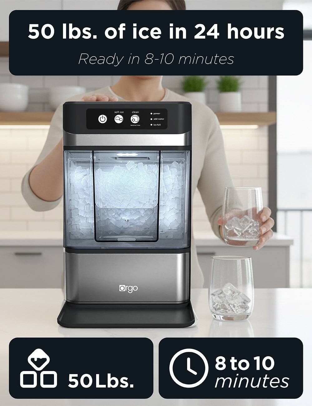 50 lbs. of ice in 24 hours  
Ready in 8-10 minutes  

50Lbs.  
8 to 10 minutes