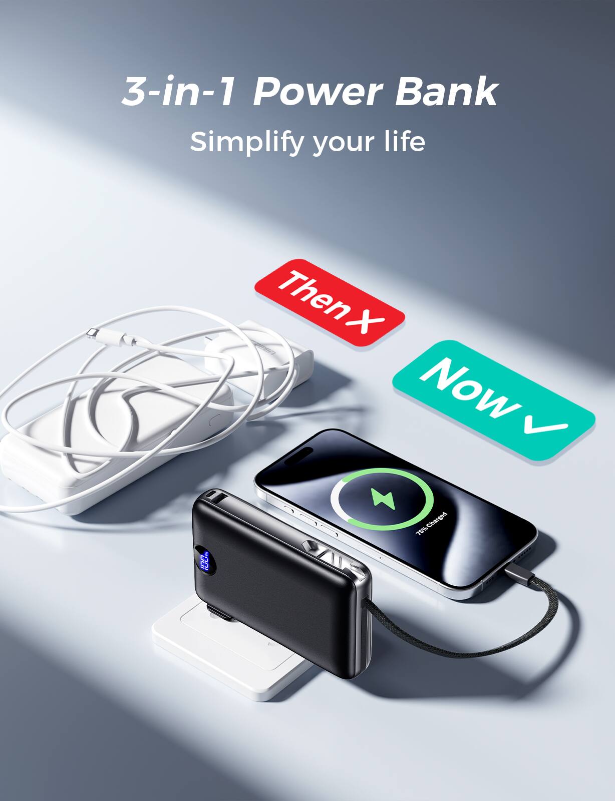 3-in-1 Power Bank  
Simplify your life  

Then X  
Now  

75% Charged