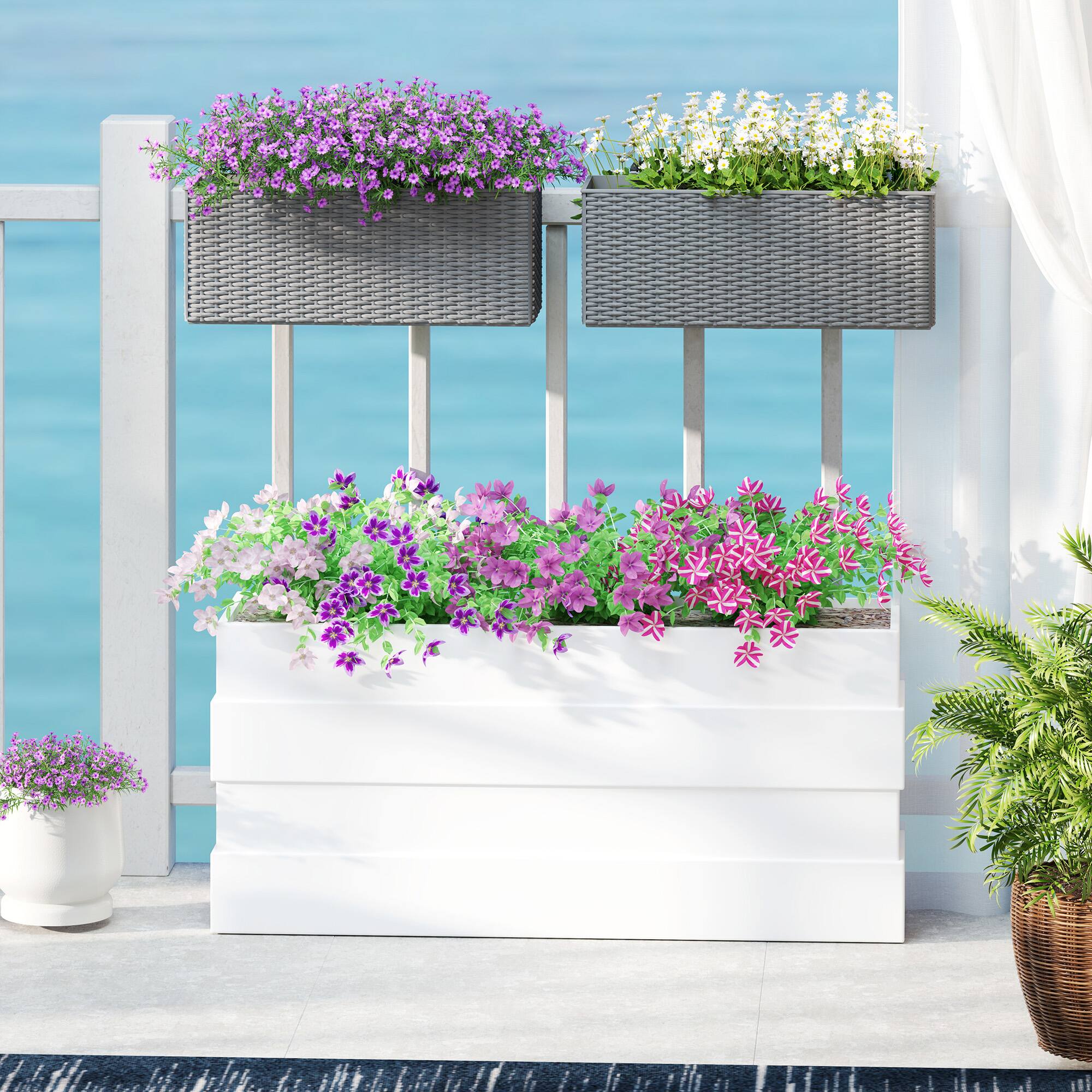 Alt View 1. Outsunny - Railing Planter Box (2 Pack, 20 Inch), Hanging Flower Pots with Hooks, Drainage Holes for Fence, Balcony - Gray.
