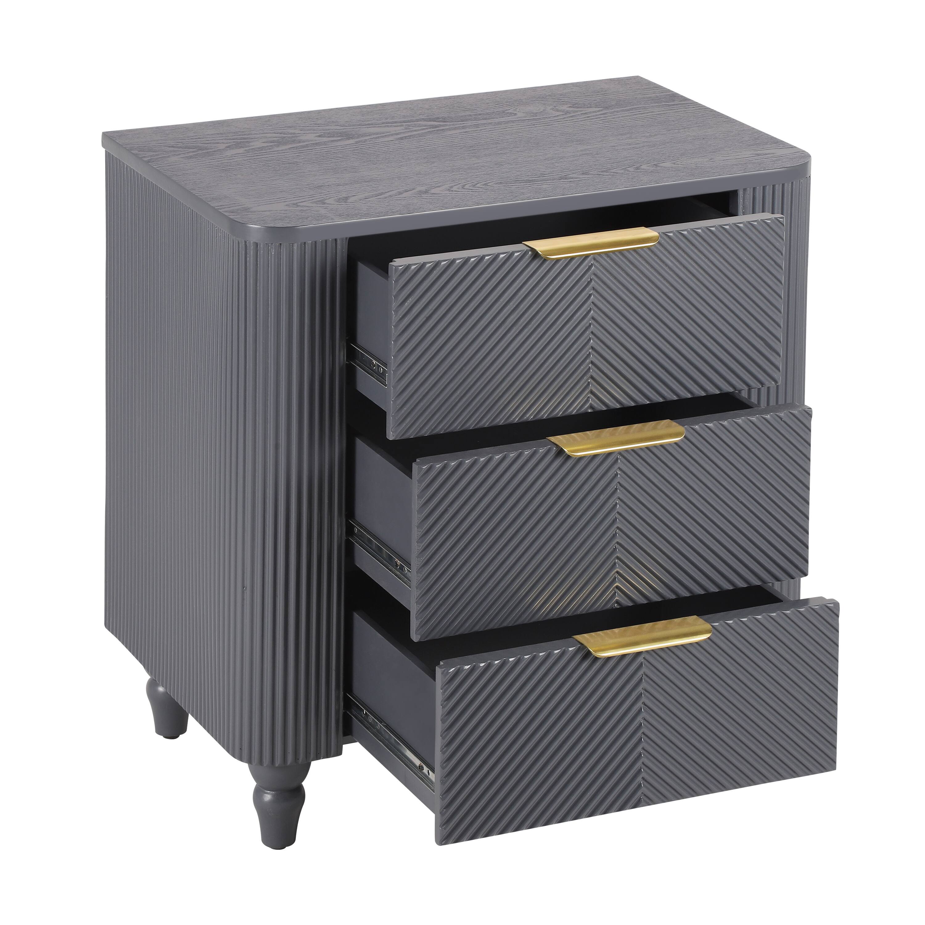 Back. Whisen - Mid-Century Fluted 3-Drawer Nightstand,Bedside Table with Curved Profile and Gold Glossy Handles - Dark Gray.