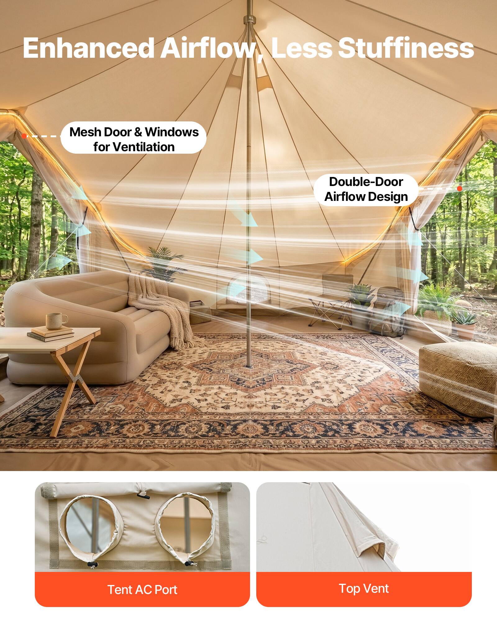 Enhanced Airflow, Less Stuffiness

Mesh Door & Windows for Ventilation

Double-Door Airflow Design

Tent AC Port

Top Vent