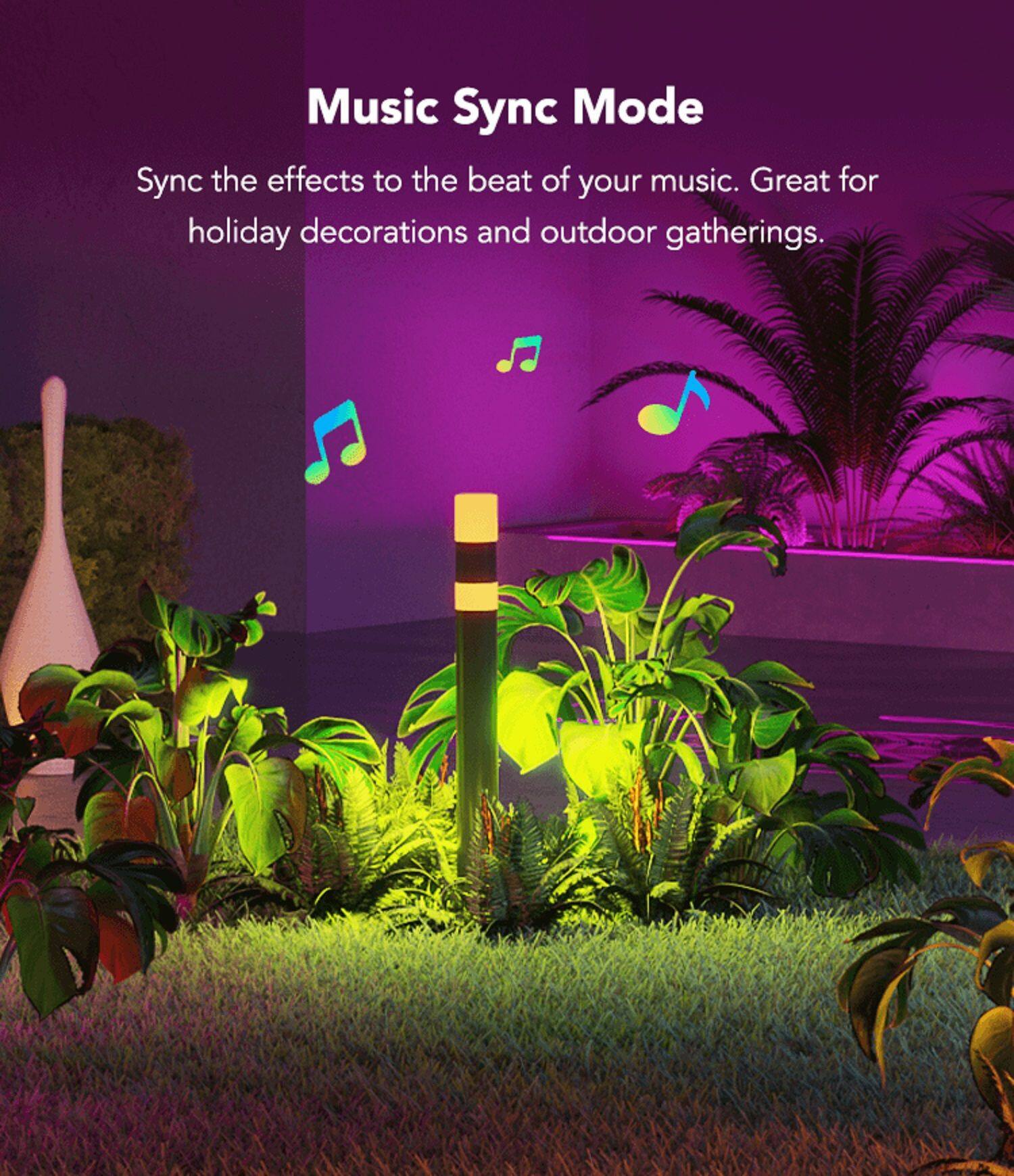 Music Sync Mode: Sync the effects to the beat of your music. Great for holiday decorations and outdoor gatherings.