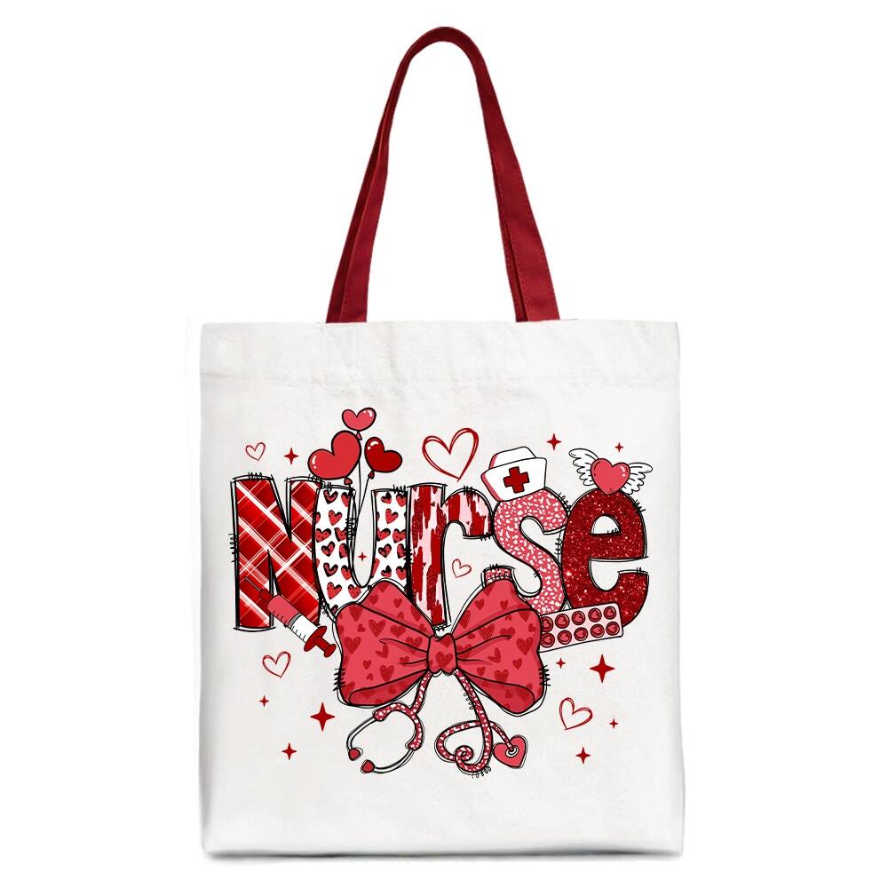 Front. OrnamentallyYou - Valentine Nurse Coquette Bow Canvas Tote Bag, Cupid Favorits Nurse Work Shopper - White Red.