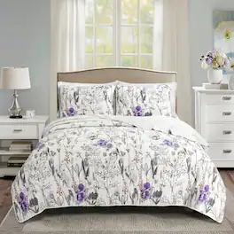 Hivvago - Full/Queen Size Lightweight Floral Quilt Set - Purple Grey White