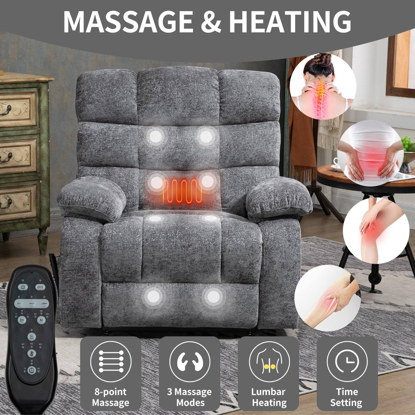 MASSAGE & HEATING

- 8-point Massage
- 3 Massage Modes
- Lumbar Heating
- Time Setting