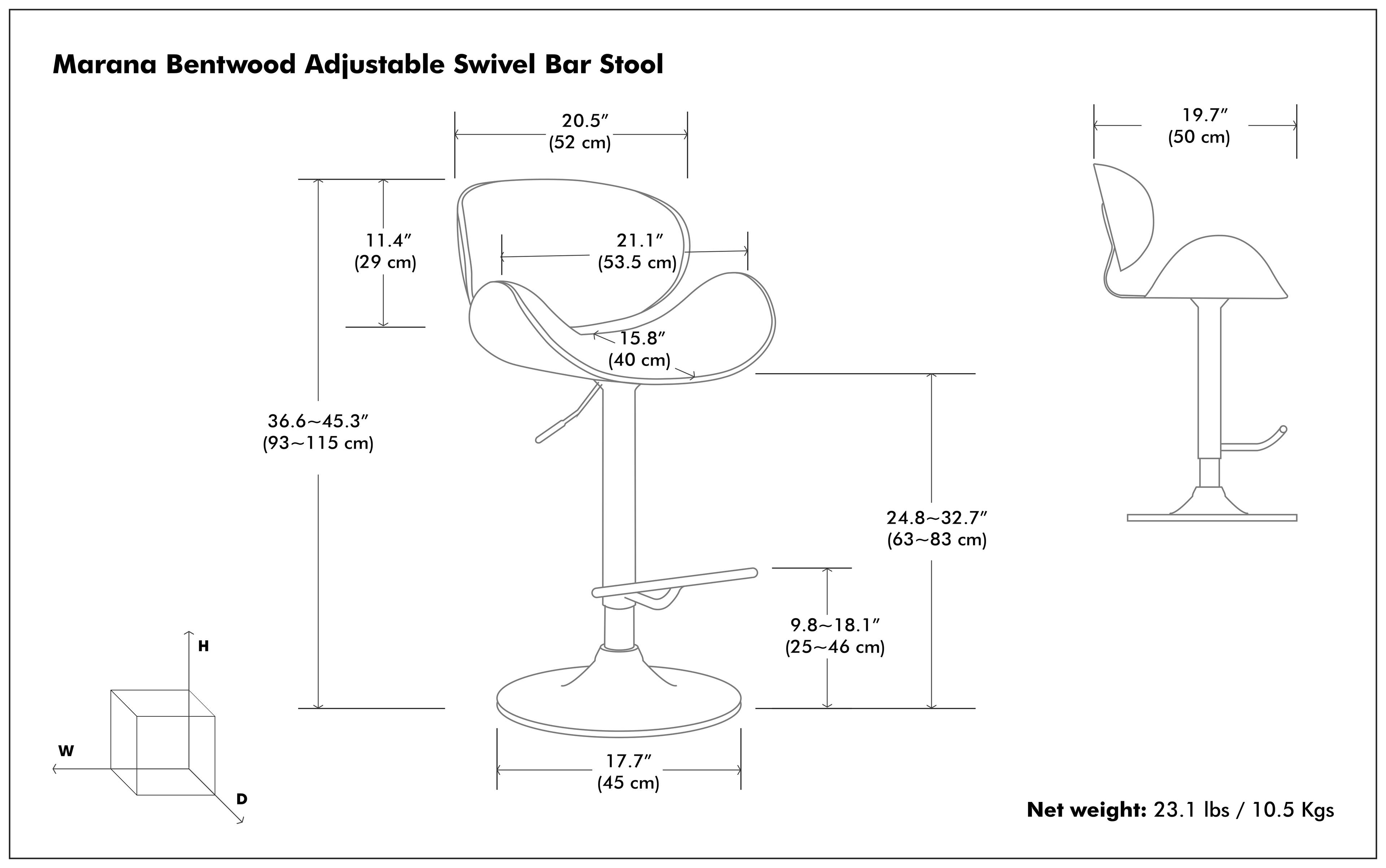 Marana Bentwood Adjustable Swivel Bar Stool

- Seat Height: 20.5" (52 cm)
- Seat Depth: 19.7" (50 cm)
- Seat Width: 21.1" (53.5 cm)
- Back Height: 15.8" (40 cm)
- Overall Height: 36.6-45.3" (93-115 cm)
- Seat Height Adjustment: 24.8-32.7" (63-83 cm)
- Seat Height: 9.8-18.1" (25-46 cm)
- Seat Diameter: 17.7" (45 cm)
- Net weight: 23.1 lbs / 10.5 Kgs