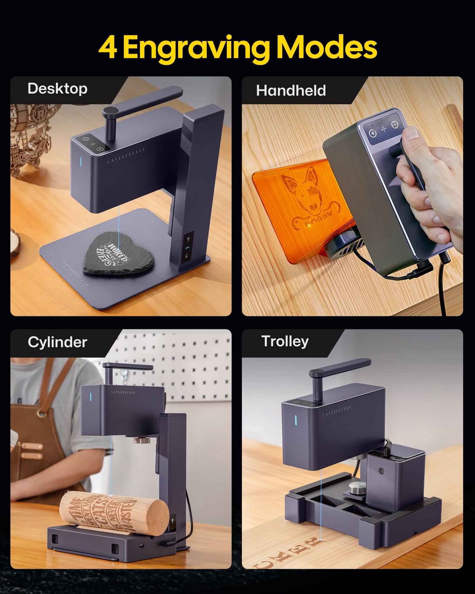 4 Engraving Modes

Desktop
Handheld
Cylinder
Trolley