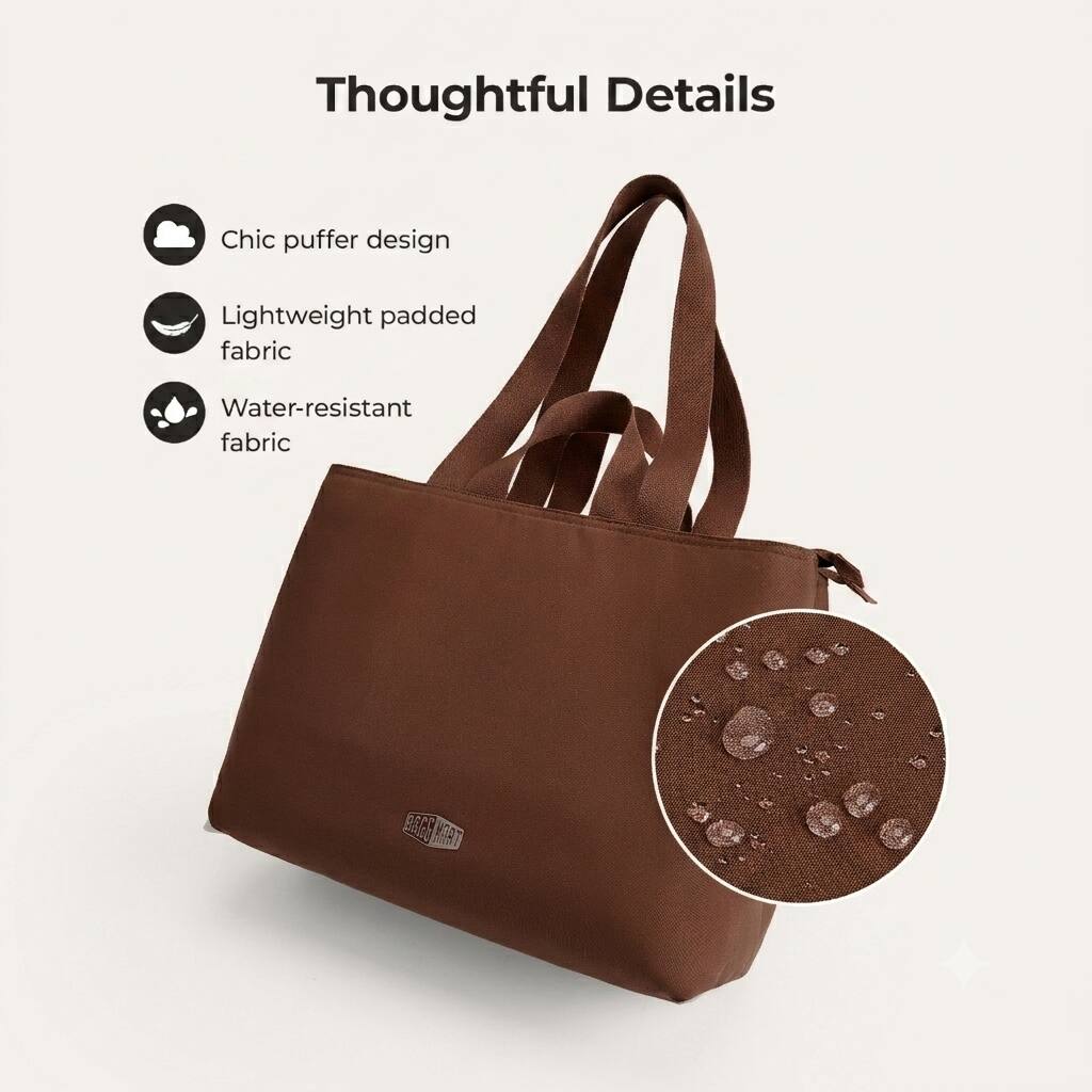 Thoughtful Details

- Chic puffer design
- Lightweight padded fabric
- Water-resistant fabric