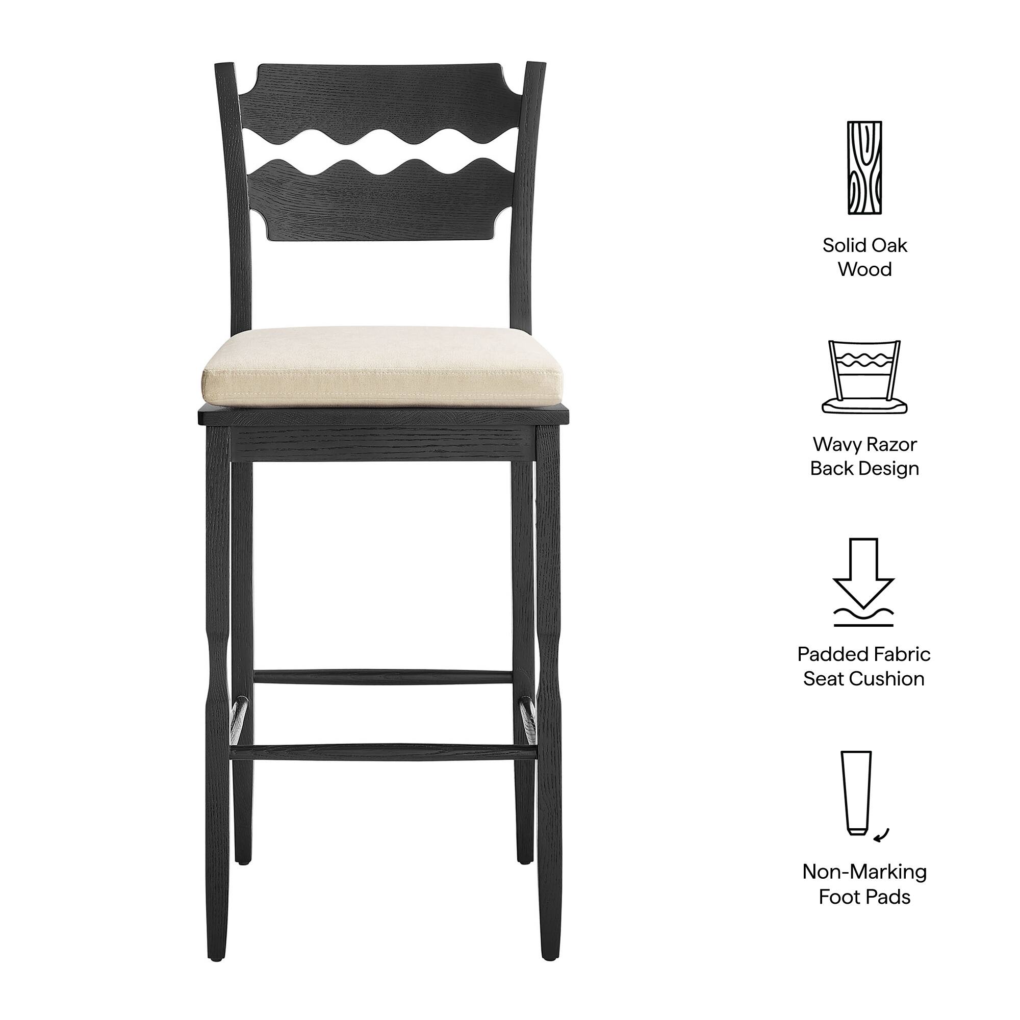 Solid Oak Wood Wavy Razor Back Design Padded Fabric Seat Cushion Non-Marking Foot Pads