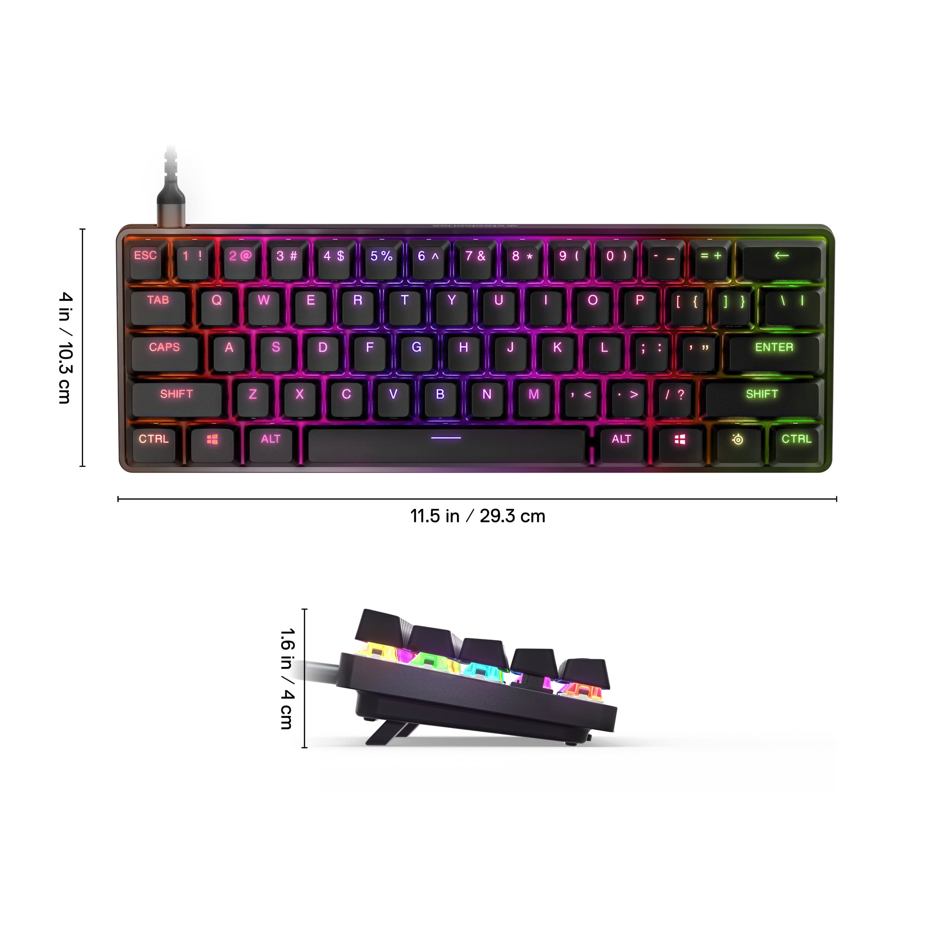 The image features a colorful keyboard with a rainbow design. The keyboard is 11.5 inches long and 1.6 inches wide. The keys are arranged in a row, with the letters and numbers lined up in a neat pattern. The keyboard is likely designed for use with a computer or other electronic device, and its vibrant colors make it visually appealing.