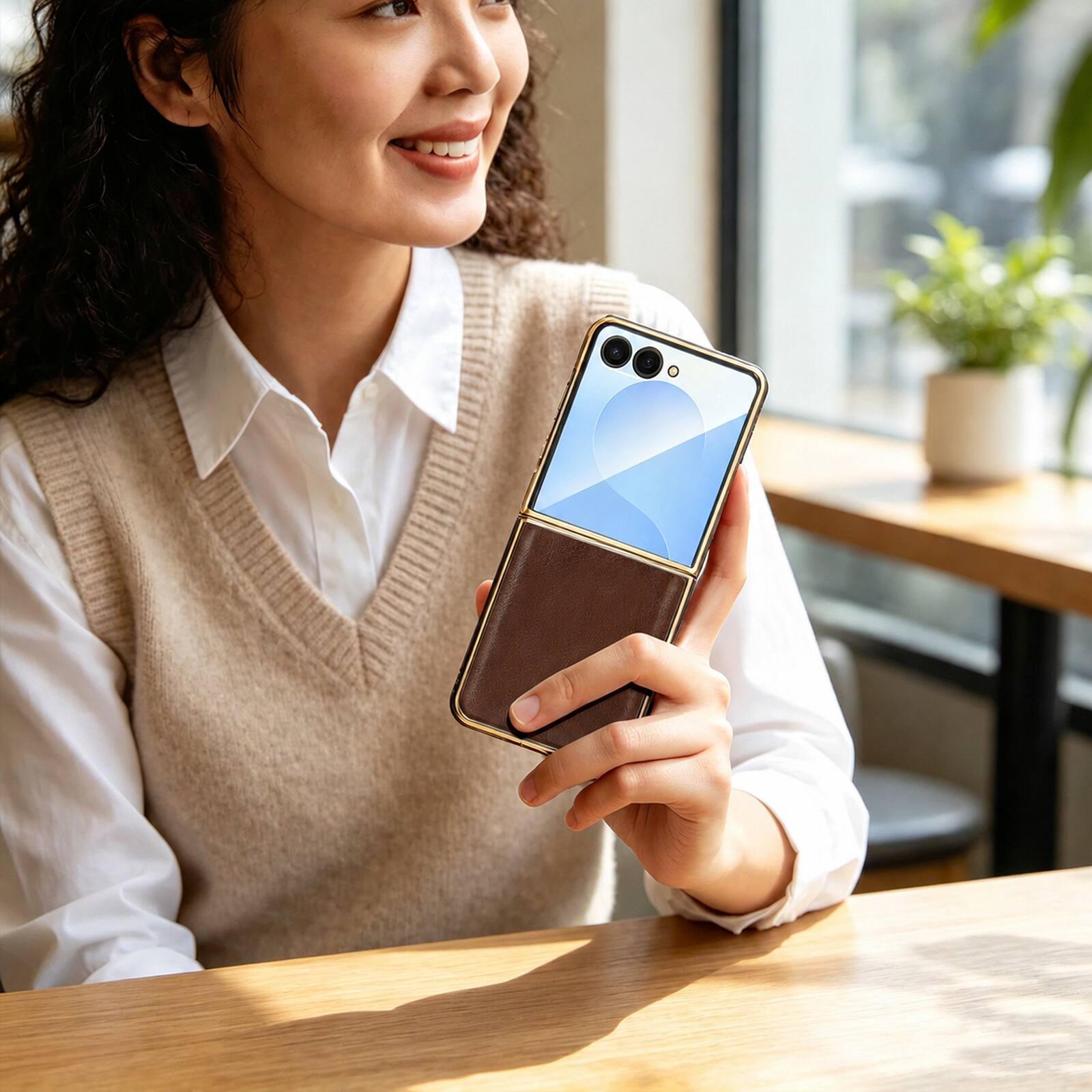 Alt View 3. Dteck - For Samsung Galaxy Z Flip8 Luxury Leather Case with Screen Protector Included,Shockproof Plating Edge Slim Cover - Coffee.