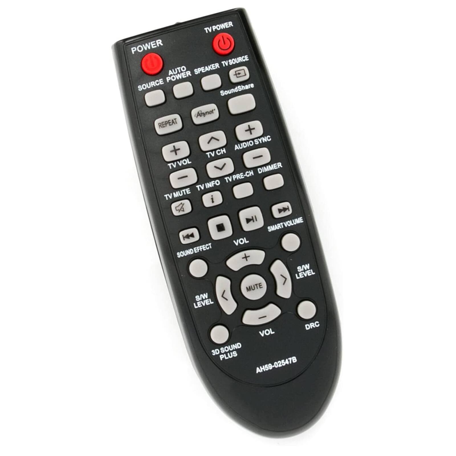 TV POWER  
SOURCE  
AUTO  
POWER  
SPEAKER TV  
SoundShare  
REPEAT  
TV CH  
TV VOL  
TV MUTE  
TV INFO  
TV PRE-CH  
TV DIMMER  
AUDIO SYNC  
SMART VOLUME  
SOUND EFFECT  
S/W LEVEL  
MUTE  
VOL  
DRC  
3D SOUND PLUS  
AH59-02547B