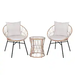 Emma + Oliver - Ari 3 Piece Boho Patio Set - Faux Rattan Rope Papasan Style Chairs with Cushions and Glass Topped Side Table - Light Gray Fabric/Tan Frame