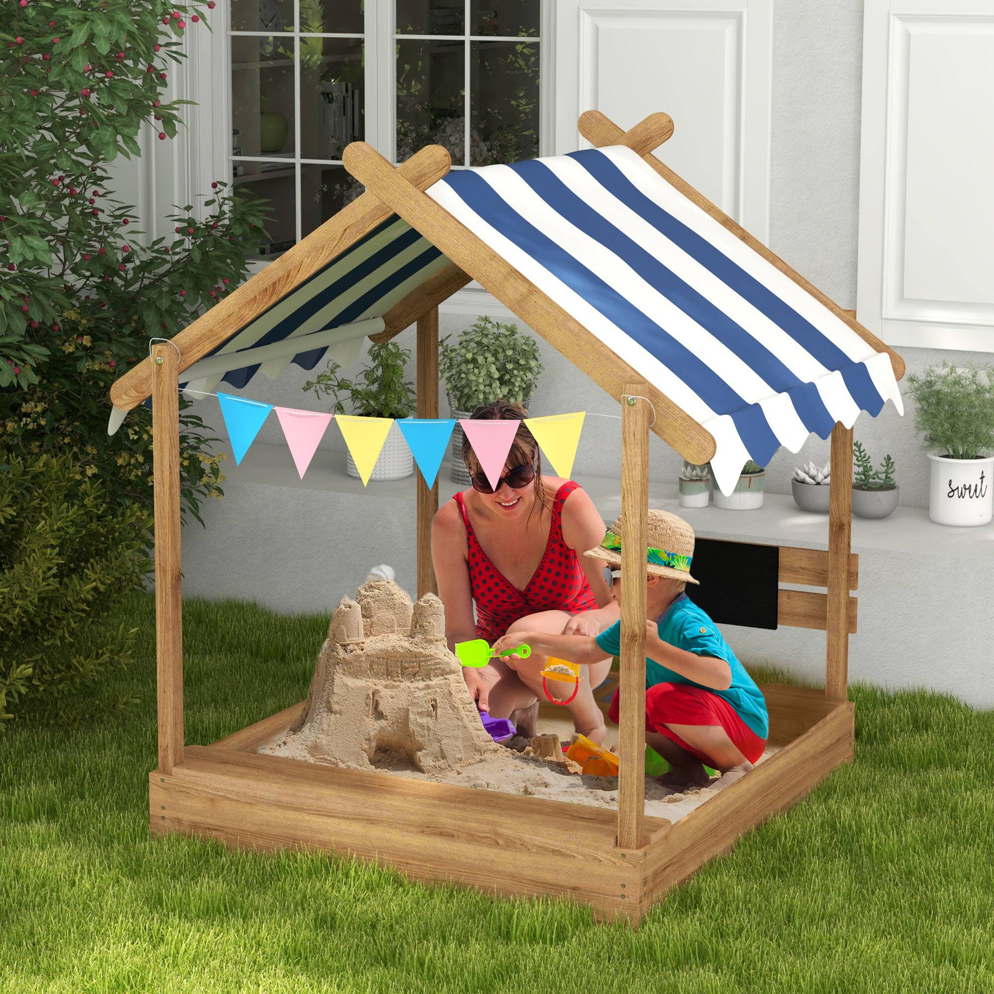 Angle. Outsunny - Wooden Sandbox with Canopy, Kids Sand Pit, Liner, Blackboard, Sink, Playset, Flags, Ages 3-7, 49" x 46" x 57.5".