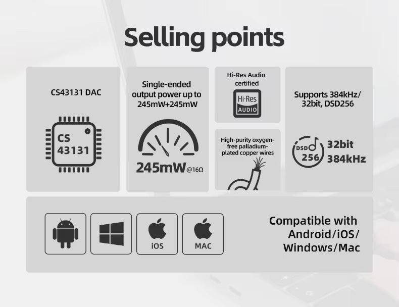 Selling points

CS43131 DAC

Single-ended output power up to 245mW+245mW

Hi-Res Audio certified

Supports 384kHz/32bit, DSD256

High-purity oxygen-free palladium-plated copper wires

245mW@16Ω

DSD 32bit 256 384kHz

Compatible with Android/iOS/Windows/Mac