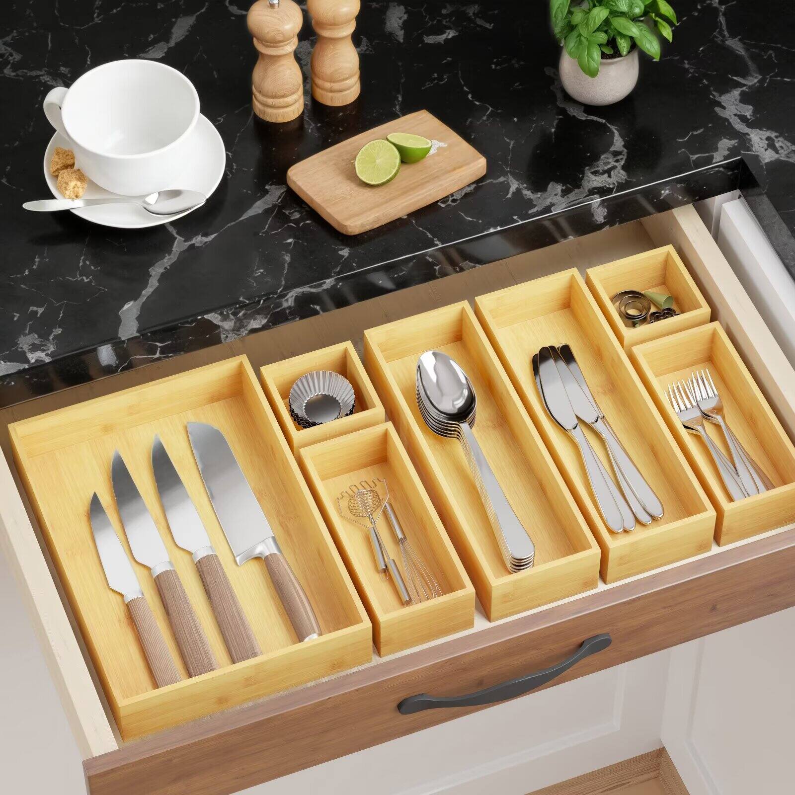 Back. Tooloton - Bamboo Drawer Organizer Set, 7-Piece Wooden Trays for Kitchen, Bathroom, Office and Makeup Storage (Natural) - Natural.