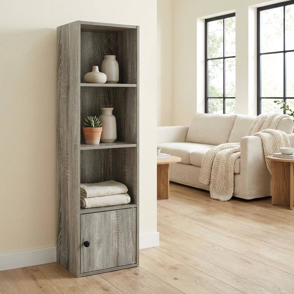 Angle. FurniFact - Wooden 4-Tier Shelf Bookcase with Door Storage in French Oak Finish - French Oak.