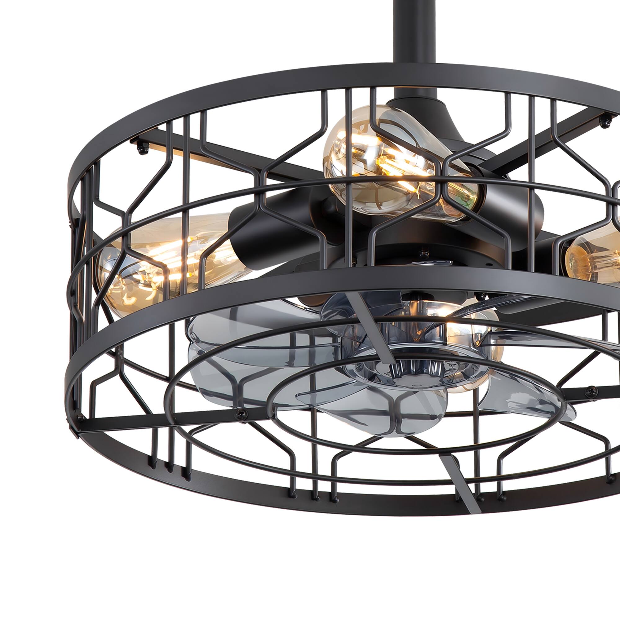 Left. Breezary - 20'' Small Caged Ceiling Fan with with Light Kit and Remote, KD Version, 7 ABS Blades, 6-Speed DC Motor, Timer - Matte Black.