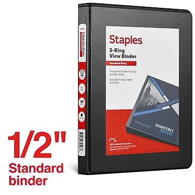Staples  
3-Ring View Binder  
Standard Duty  
Quarterly Report  

1/2" Standard Binder  

The perfect binder for your everyday needs.  
Two tabs for easy open and close.