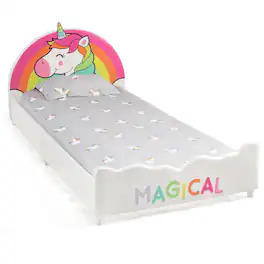 Costway - Kids Upholstered Platform Bed Children Twin Size Wooden Bed Unicorn Pattern - White