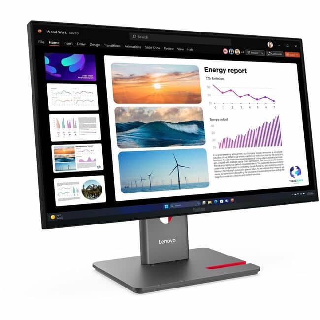 Wood Work Saved  
File Home Insert Draw Design Transitions Animations Slide Show Review View Help  

Energy report  
CO2 Emissions  
Energy output  

Lenovo