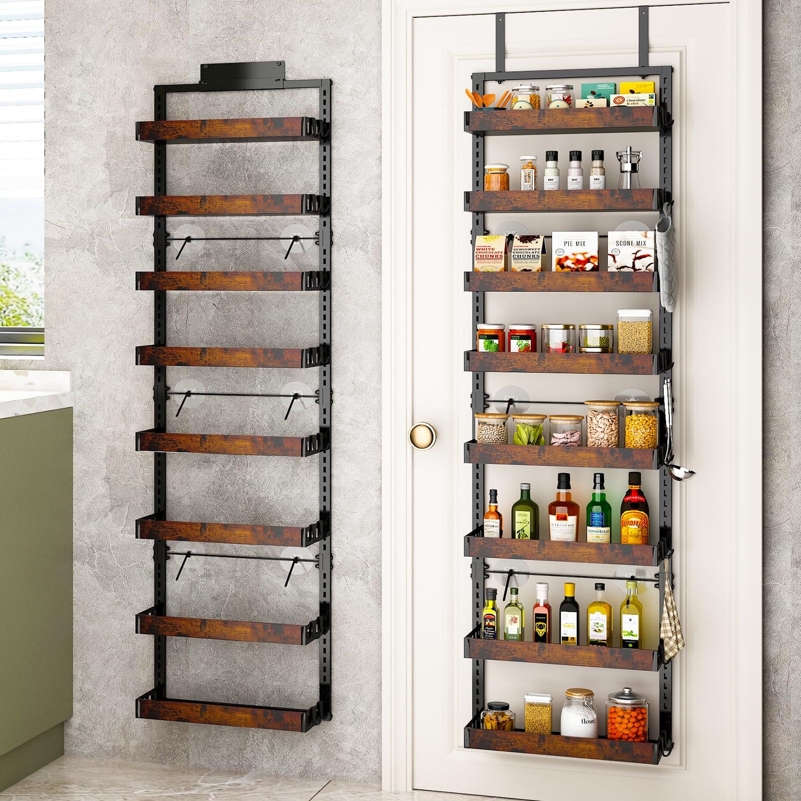 Cedar Assembly - bukfen Over the Door Pantry Organizer, 8-Tier Adjustable Wooden Basket Kitchen Pantry Door Organization and - Black pole wood color