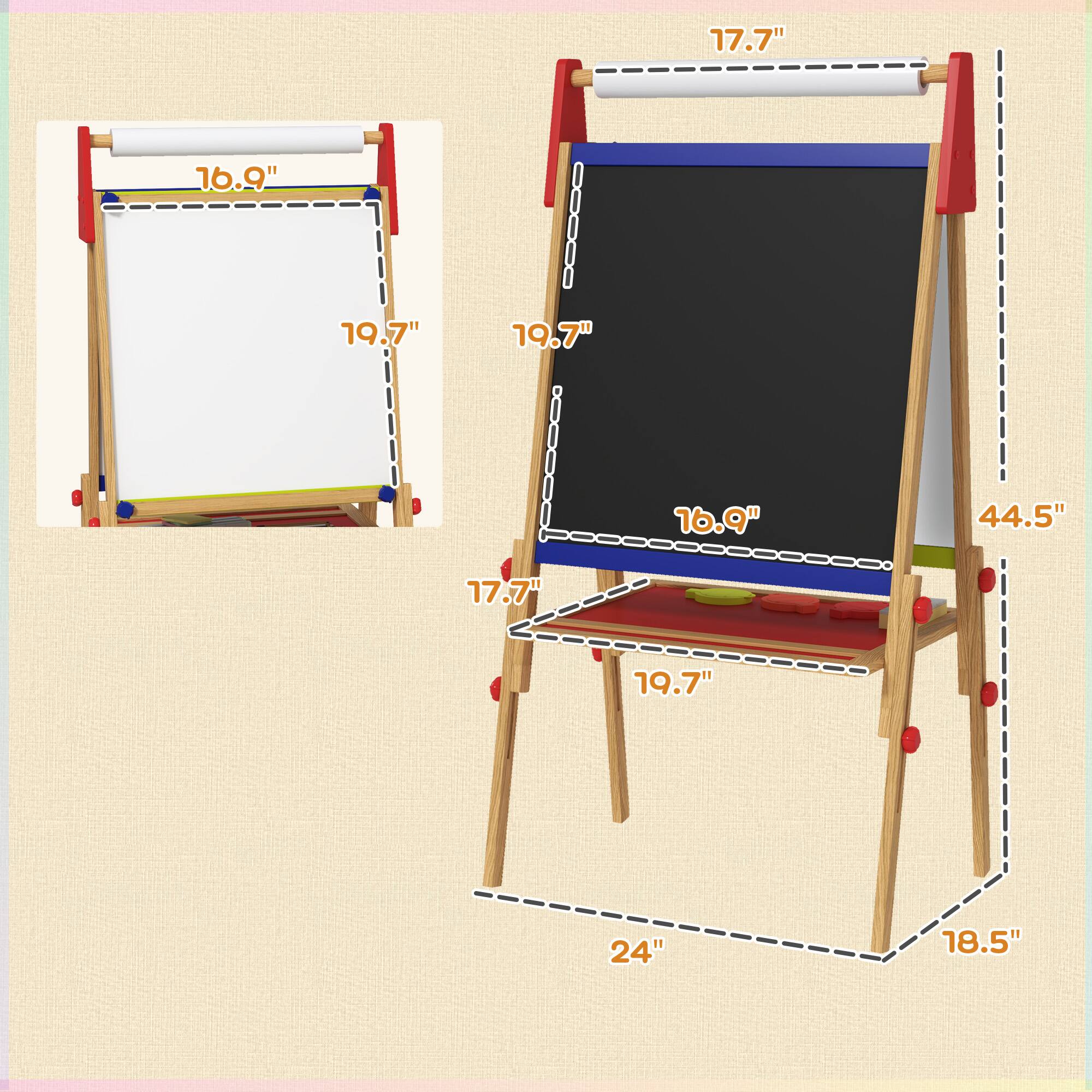Left. Qaba - Qaba 3 in 1 Kids Wooden Art Easel with Paper Roll, Whiteboard, Chalkboard, Storage Tray, Painting Accessories.
