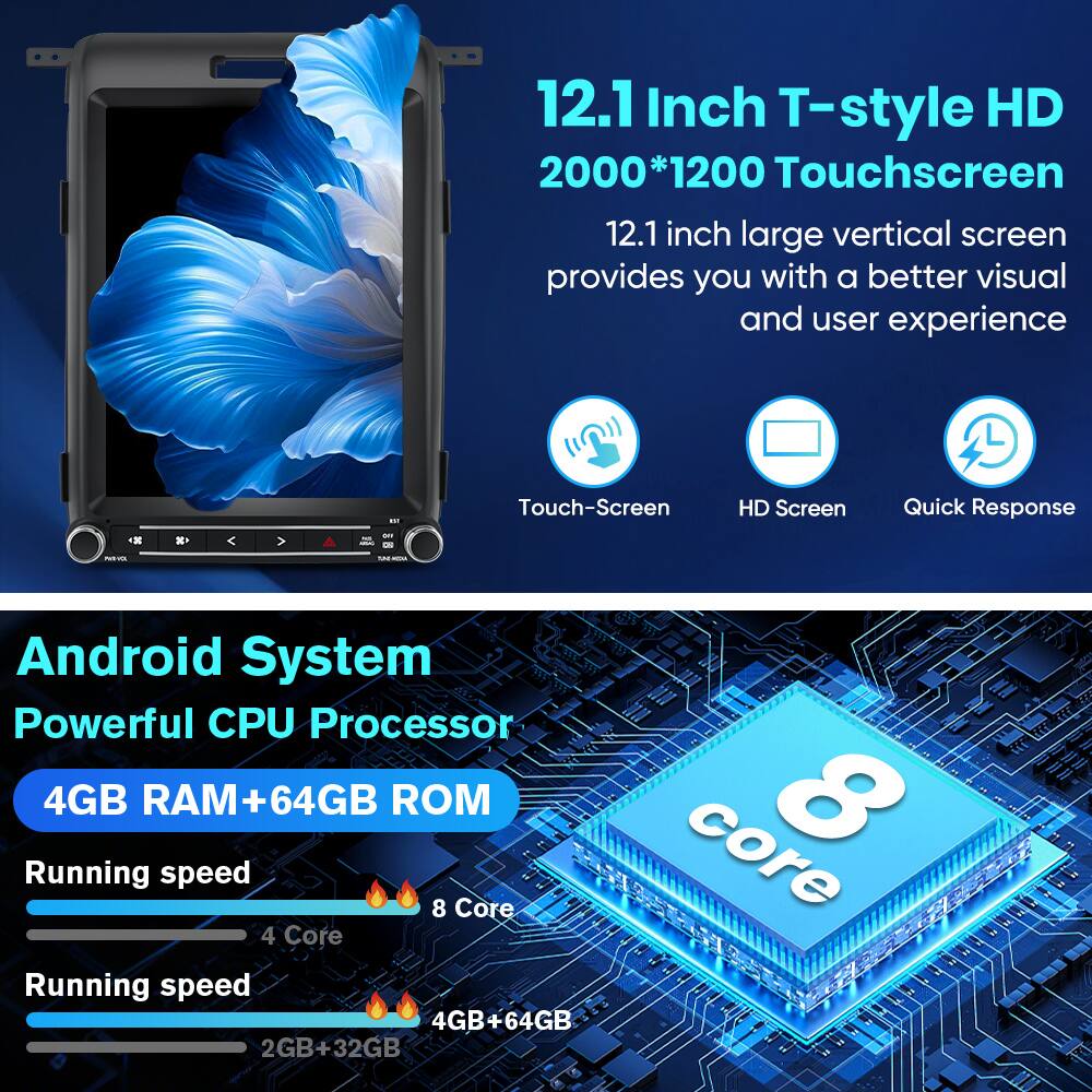 12.1 Inch T-style HD 2000*1200 Touchscreen  
12.1 inch large vertical screen provides you with a better visual and user experience  
- Touch-Screen  
- HD Screen  
- Quick Response  

Android System  
Powerful CPU Processor  
4GB RAM + 64GB ROM  

Running speed  
- 8 Core  
- 4 Core  

Running speed  
- 4GB + 64GB  
- 2GB + 32GB