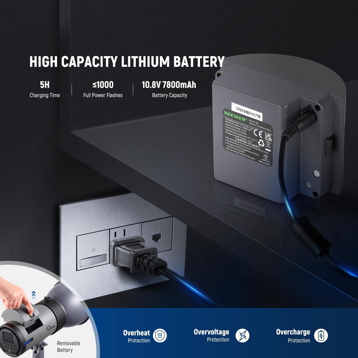 HIGH CAPACITY LITHIUM BATTERY  
5H Charging Time  
1000 Full Power Flashes  
10.8V 7800mAh Battery Capacity  
NEEWER 2701V40112778  
Mode: CE UK  
Caution in use  
-4C  
Removable Battery  
Overheat Protection  
Overvoltage Protection  
Overcharge Protection