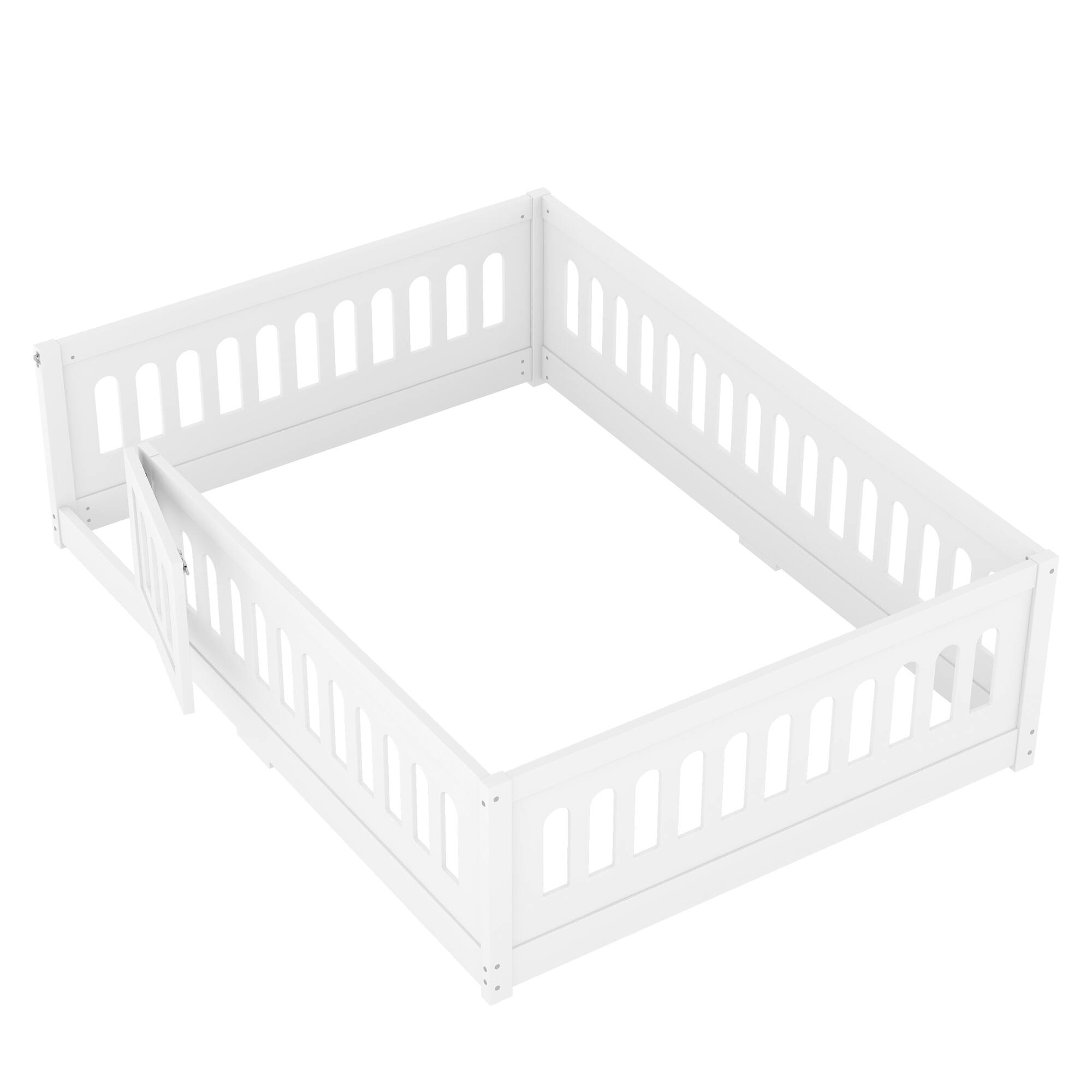 Alt View 7. Tiramisubest - Full Size Floor Bed with Heightened Safety Guardrails and Door, Solid Wood Bedframe with Rails No Slats Included, White - White.