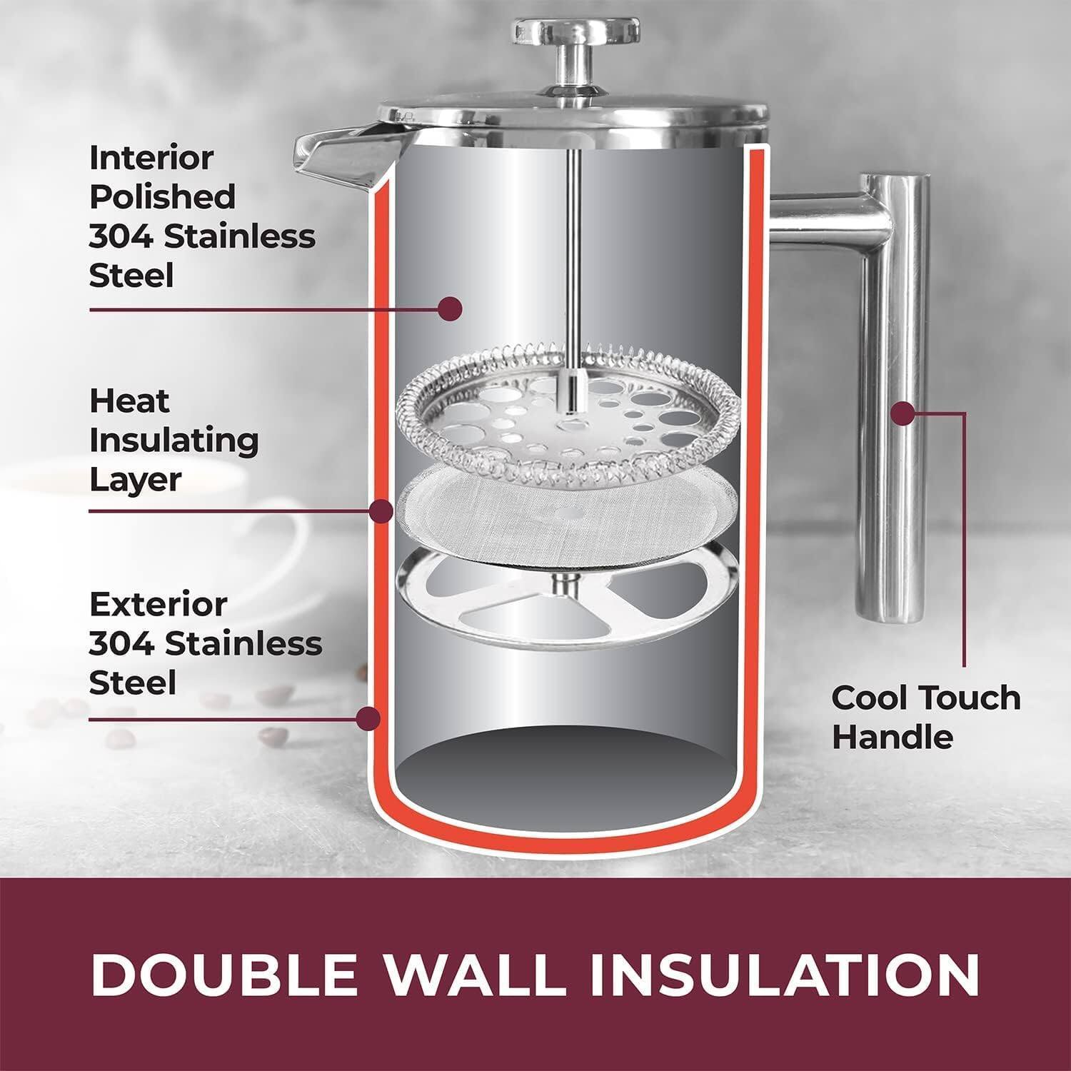 Interior Polished 304 Stainless Steel, Heat Insulating Layer, Exterior 304 Stainless Steel, Cool Touch Handle, DOUBLE WALL INSULATION