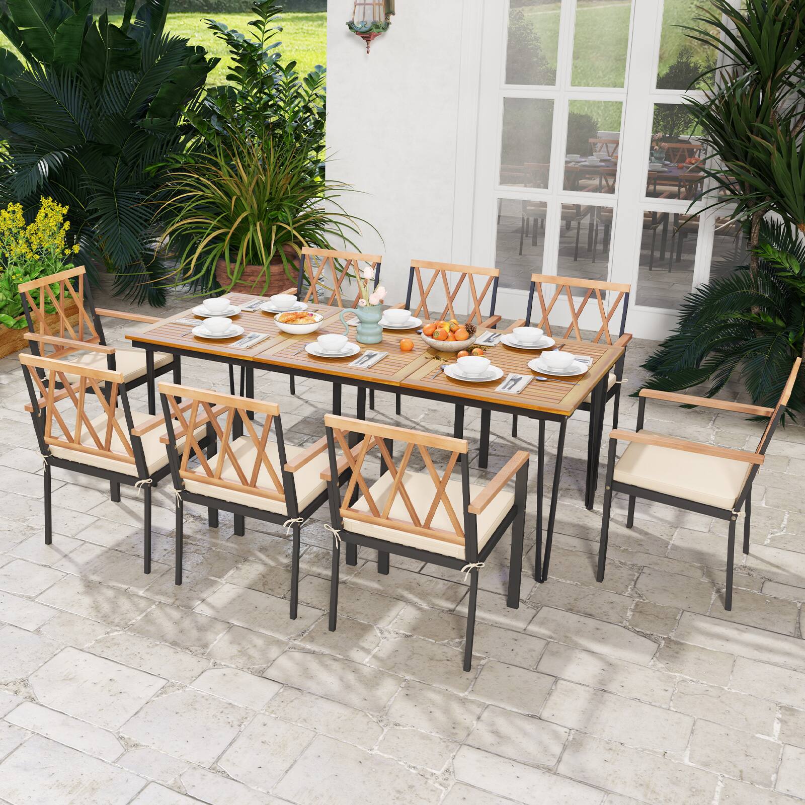 Alt View 8. Gymax - Gymax 79'' Outdoor Dining Table 8-Person Table w/ 1.9'' Umbrella Hole Patio - Natural.