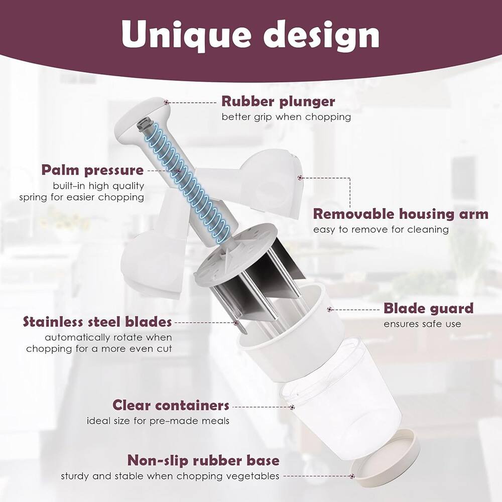 Unique design: Rubber plunger for better grip when chopping. Palm pressure spring for built-in, easier high-quality chopping. Removable housing arm for easy cleaning. Stainless steel blades ensure safe use and automatically rotate for a more even cut. Clear containers are ideal for pre-made meals. Non-slip rubber base is sturdy and stable when chopping vegetables.