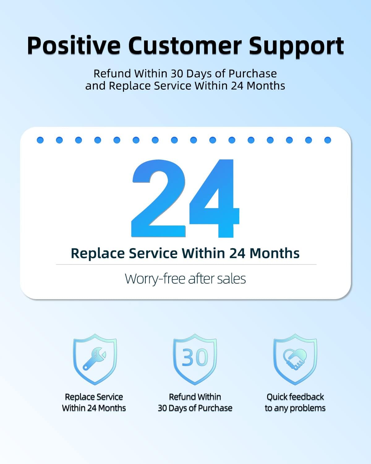 Positive Customer Support

Refund Within 30 Days of Purchase and Replace Service Within 24 Months

24 Replace Service Within 24 Months Worry-free after sales

30 Refund Within 30 Days of Purchase

Quick feedback to any problems
